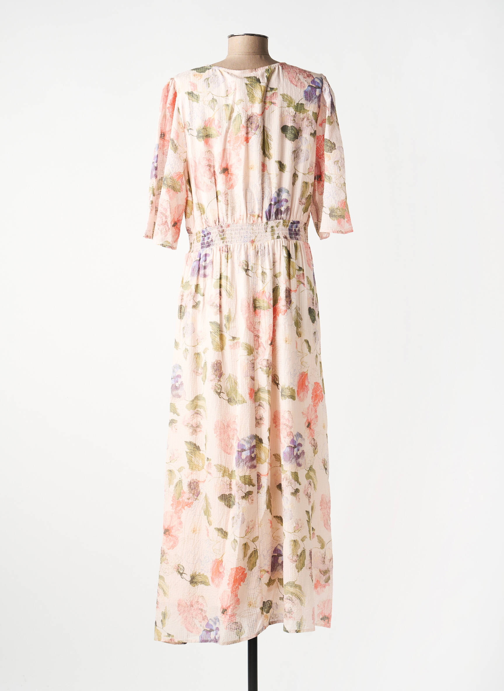 Rochie lungă imprimeu floral mâneci scurte bej CREAM femeie