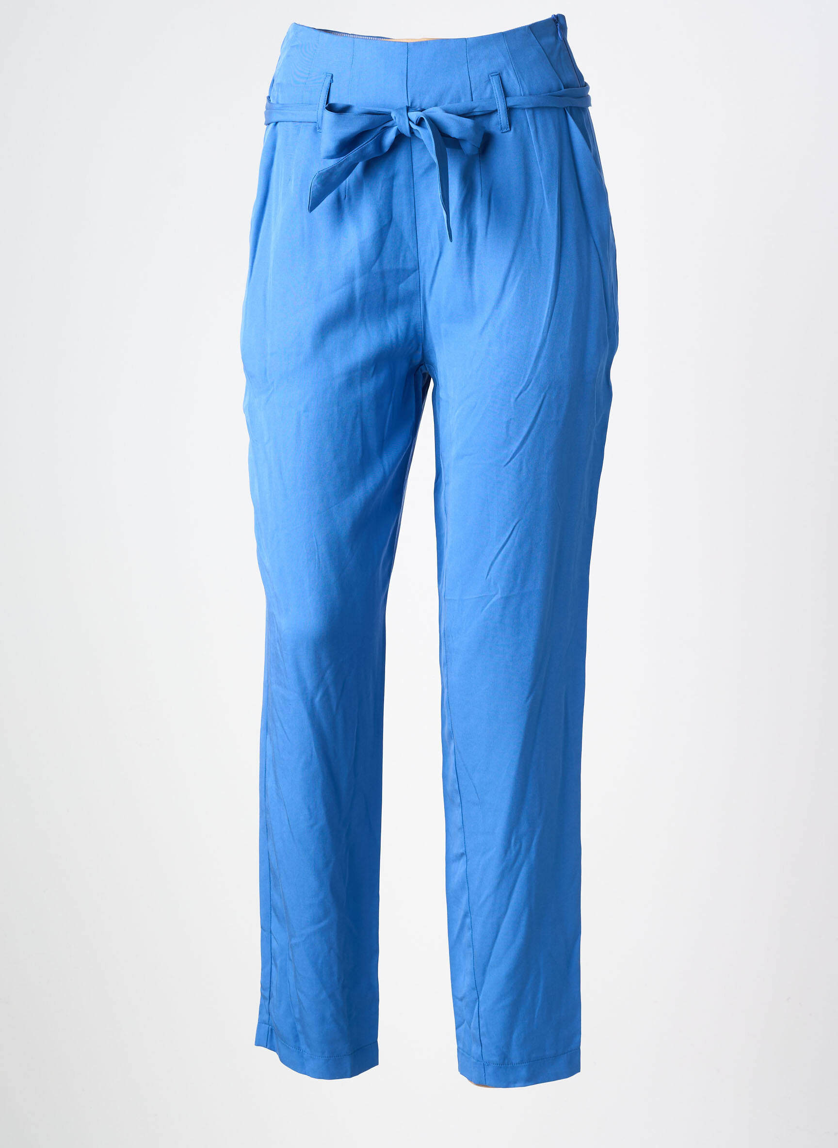 Pantalon drept țesătură poplin talie înaltă albastru YUKA femeie