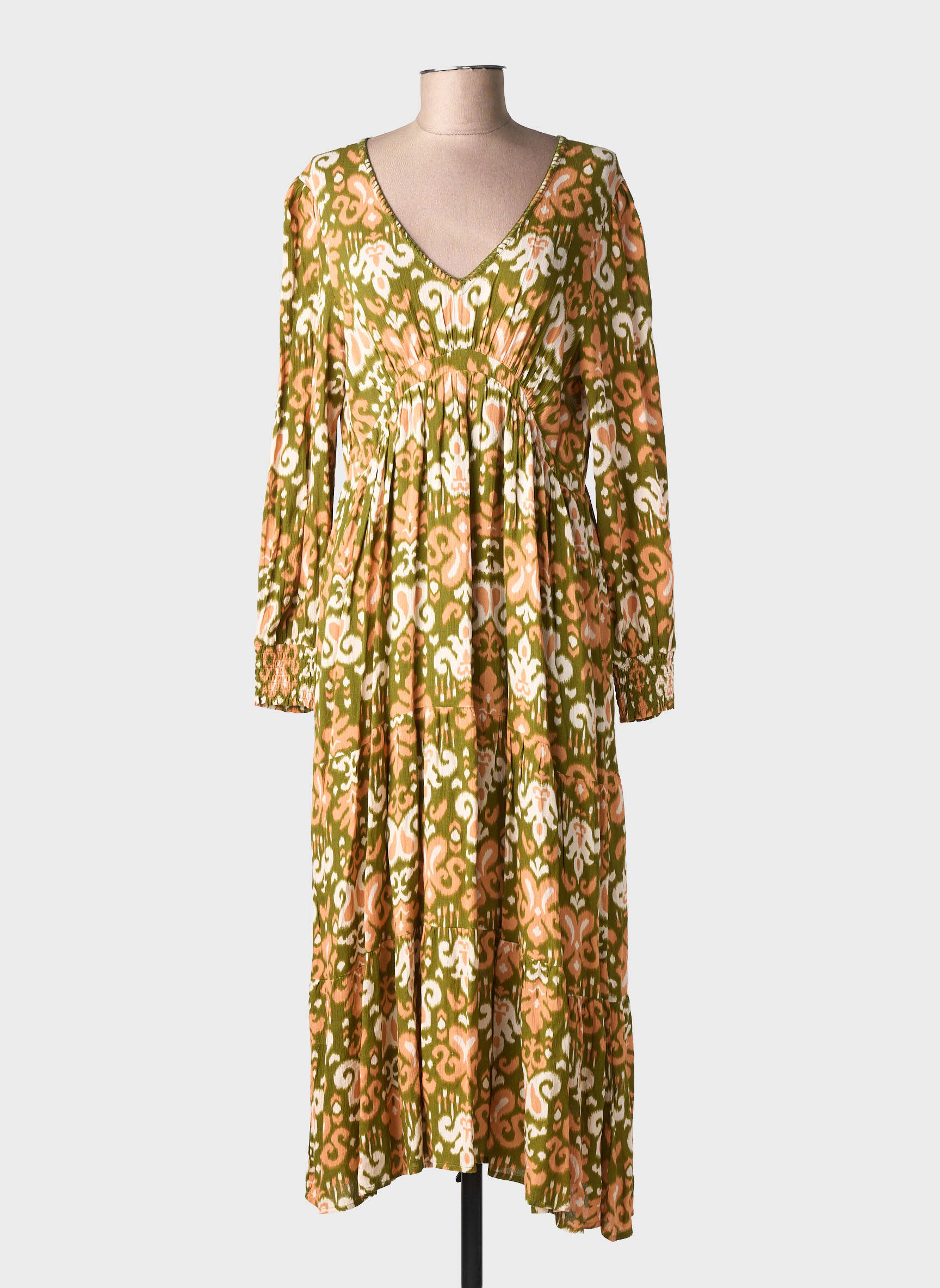 Rochie midi imprimeu fantezie mâneci lungi verde EMILIE.K femeie