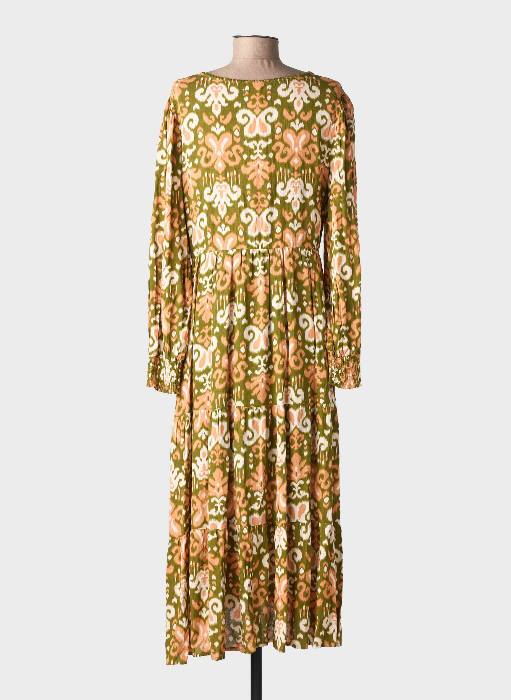 Rochie midi imprimeu fantezie mâneci lungi verde EMILIE.K femeie