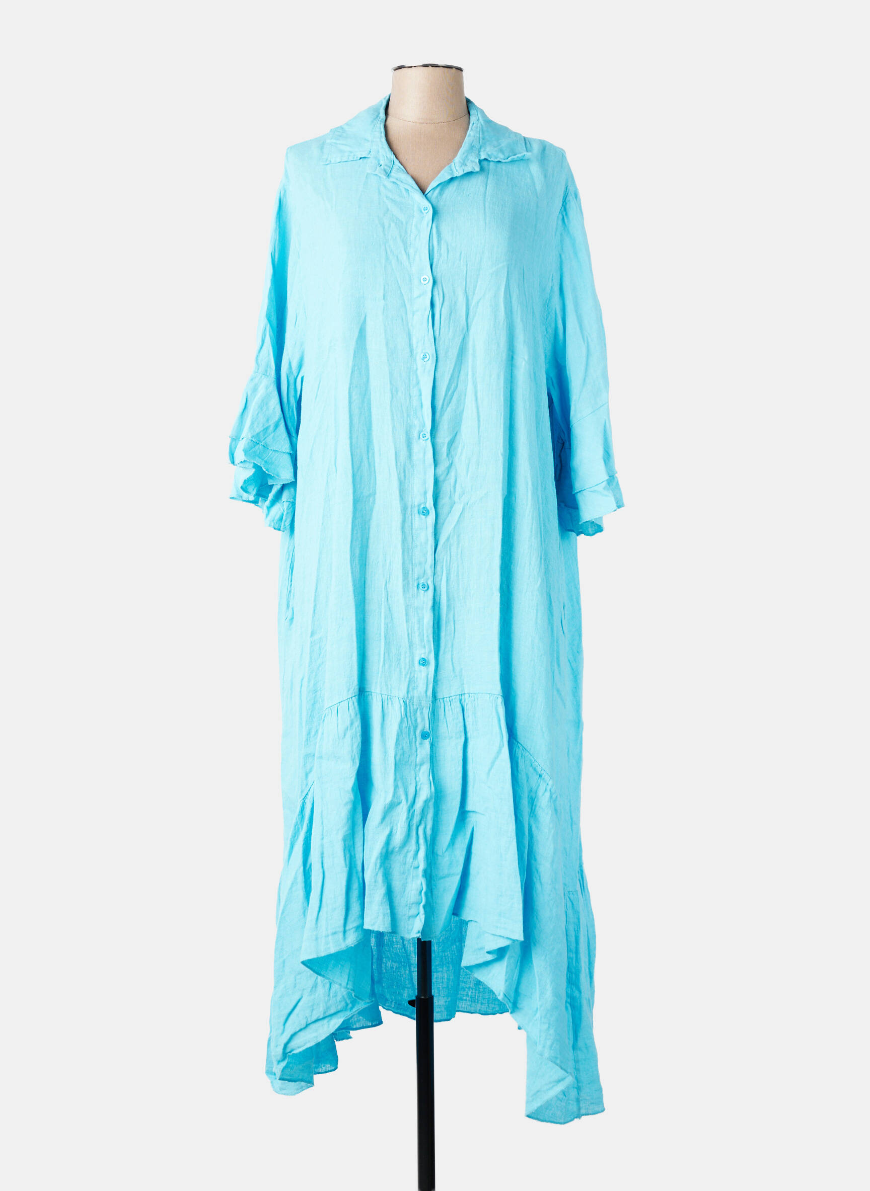 Rochie lungă croială evazată mâneci 3/4 albastru VINTAGE femeie