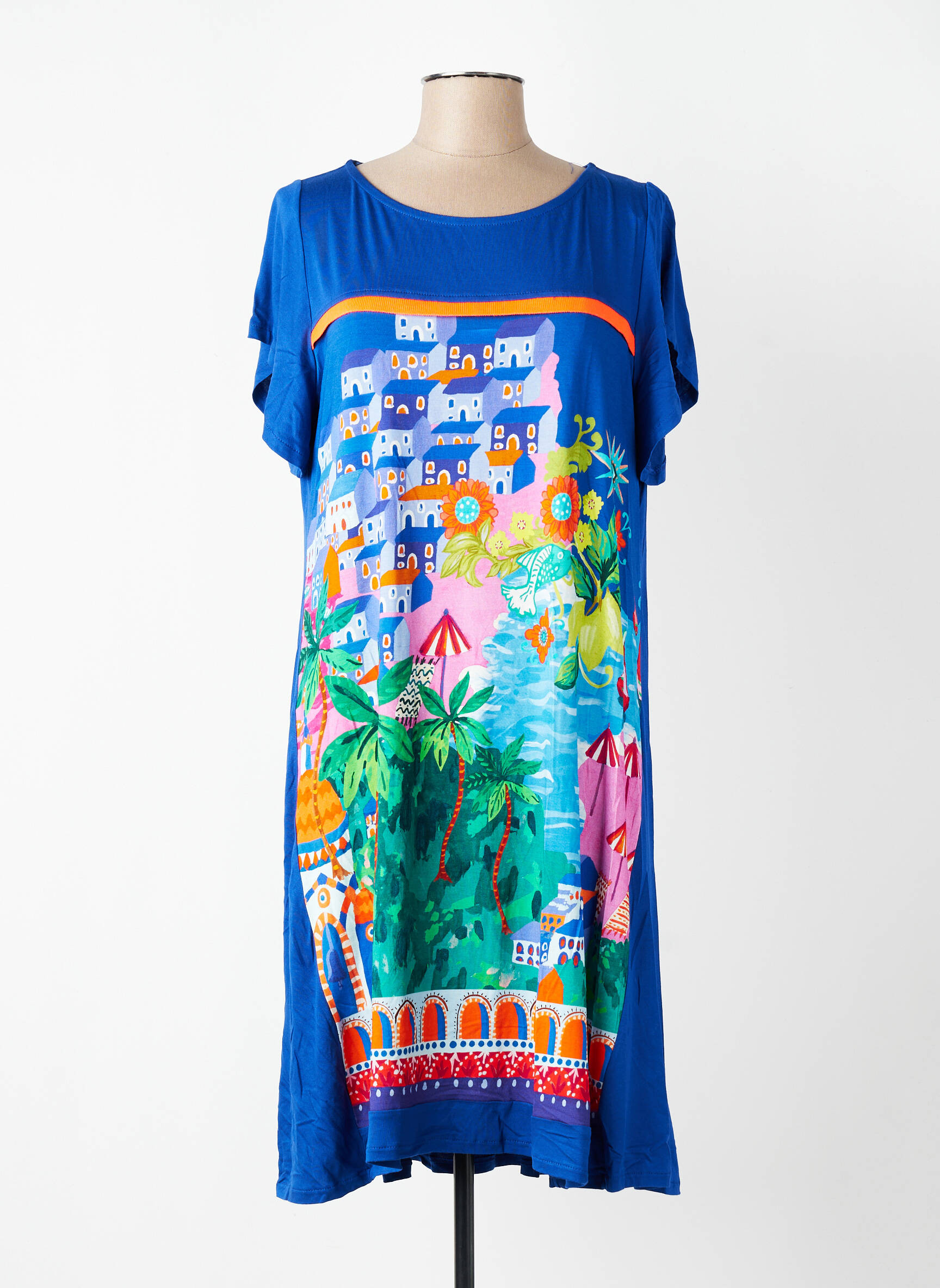 Rochie midi imprimeu floral mâneci scurte albastru AN II VITO femeie