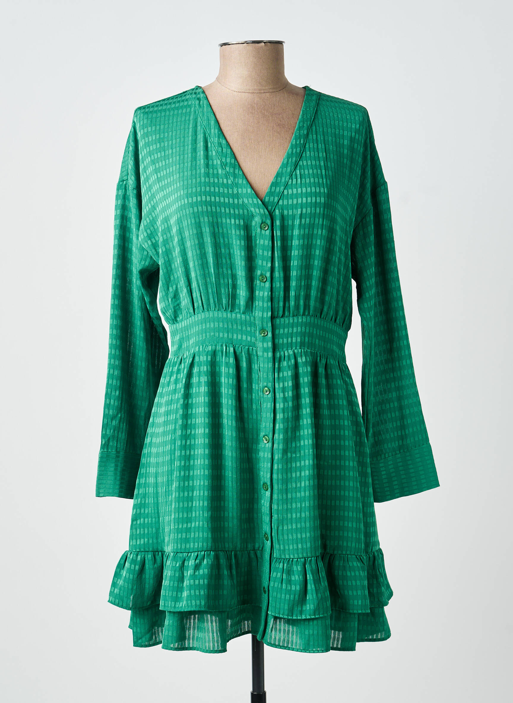 Rochie scurtă croială evazată mâneci lungi verde EMILIE.K femeie