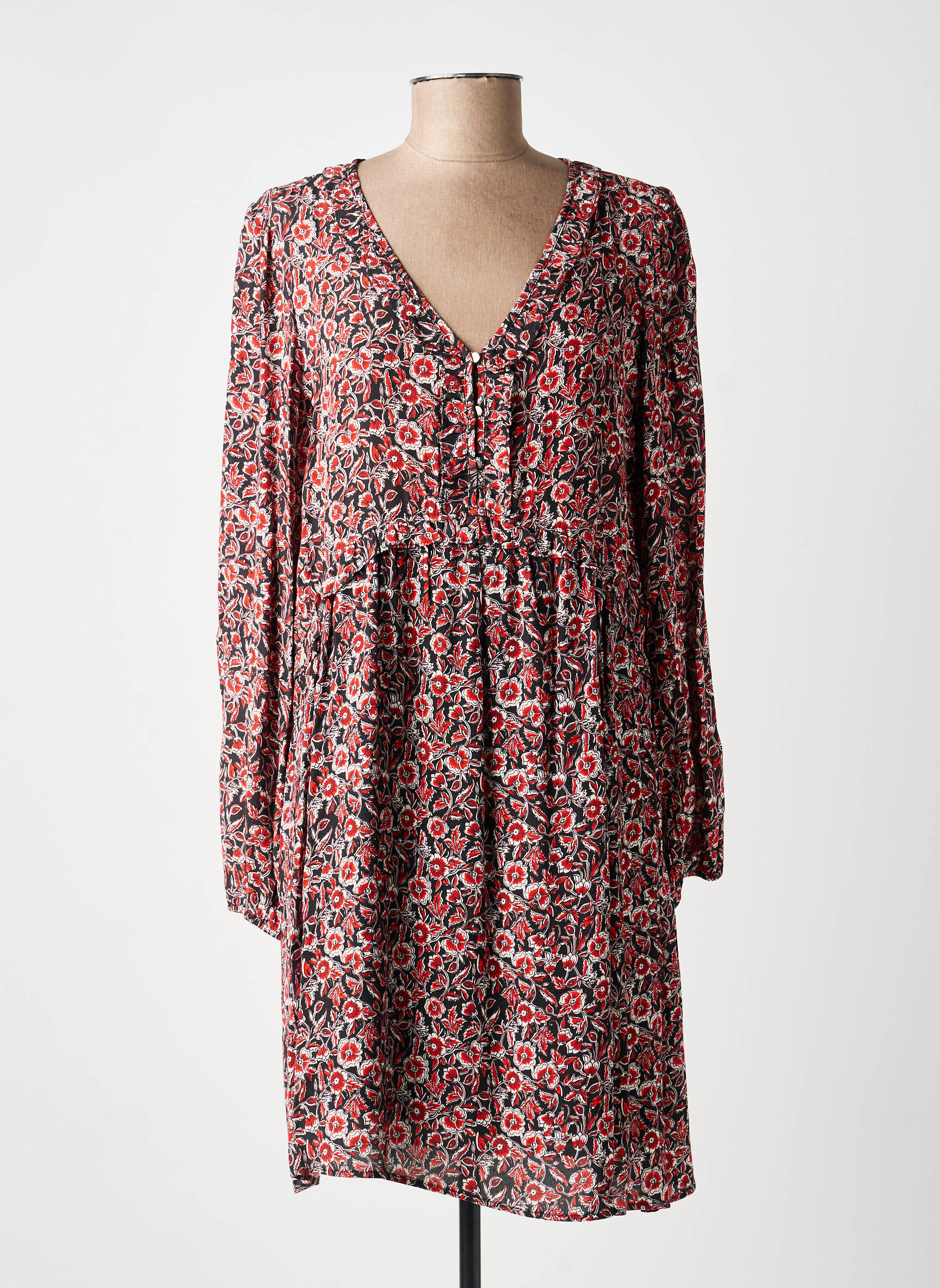 Rochie midi imprimeu floral mâneci lungi roșu C'EST BEAU LA VIE femeie