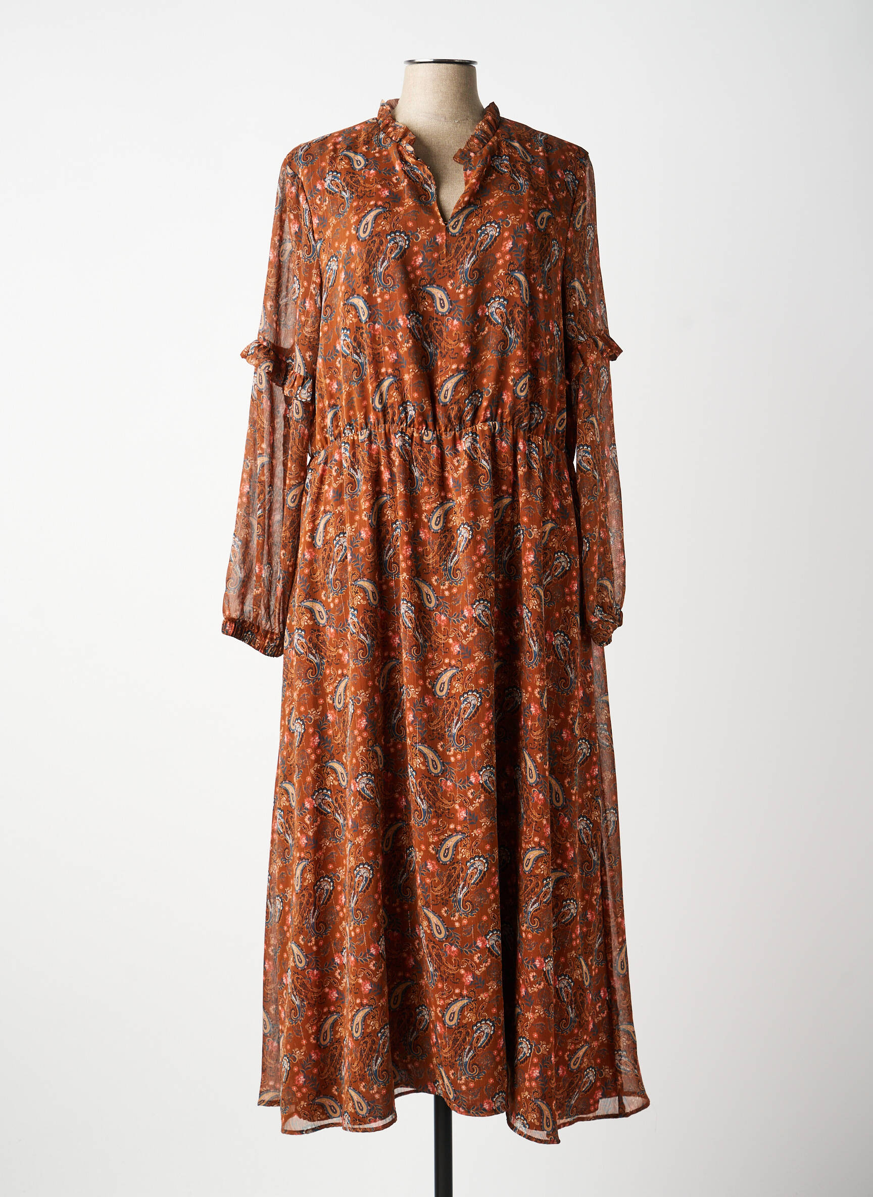 Rochie lungă mâneci lungi mâneci lungi maro C'EST BEAU LA VIE femeie