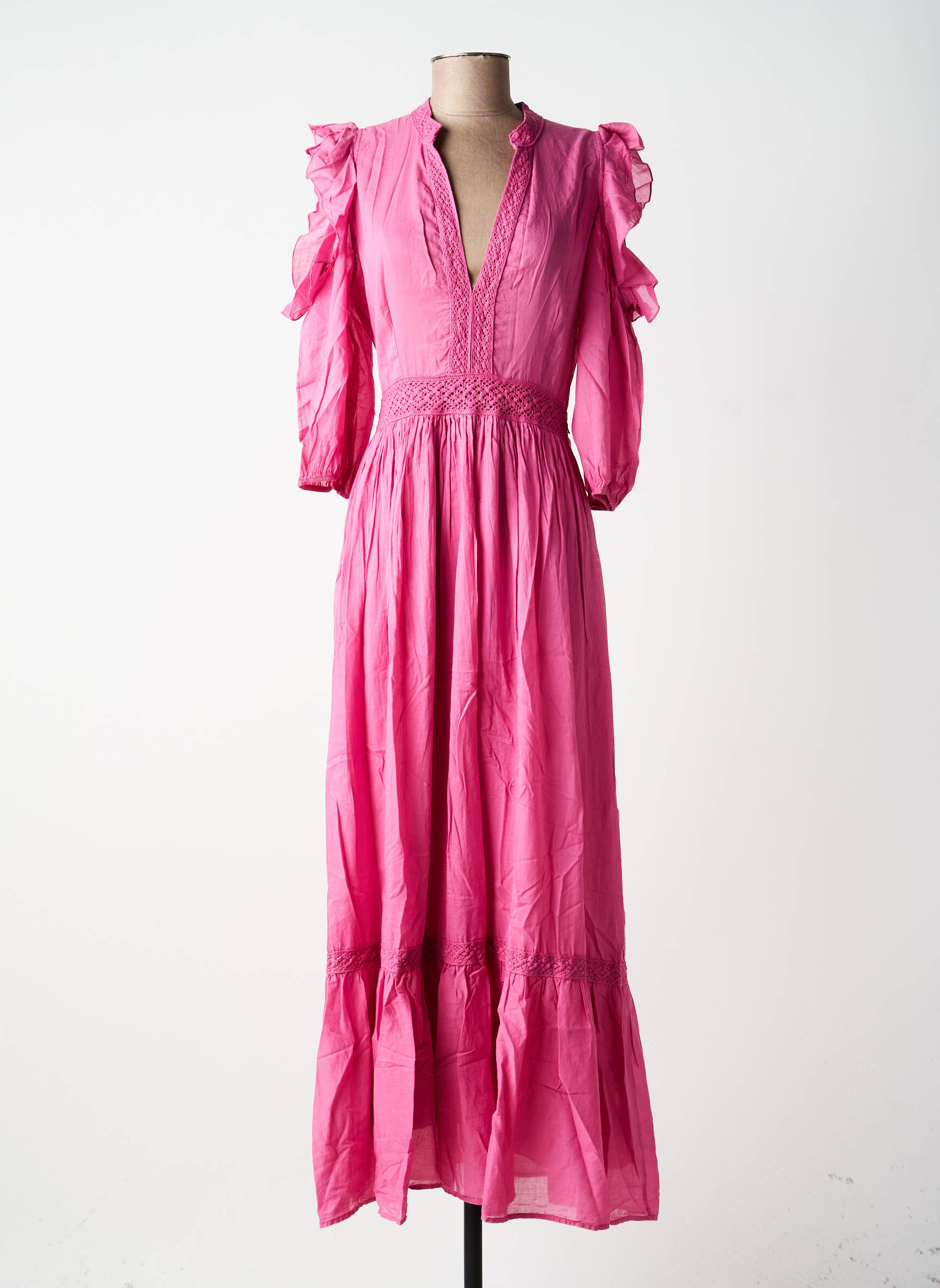 Rochie lungă țesătură poplin mâneci lungi roz KING KONG femeie
