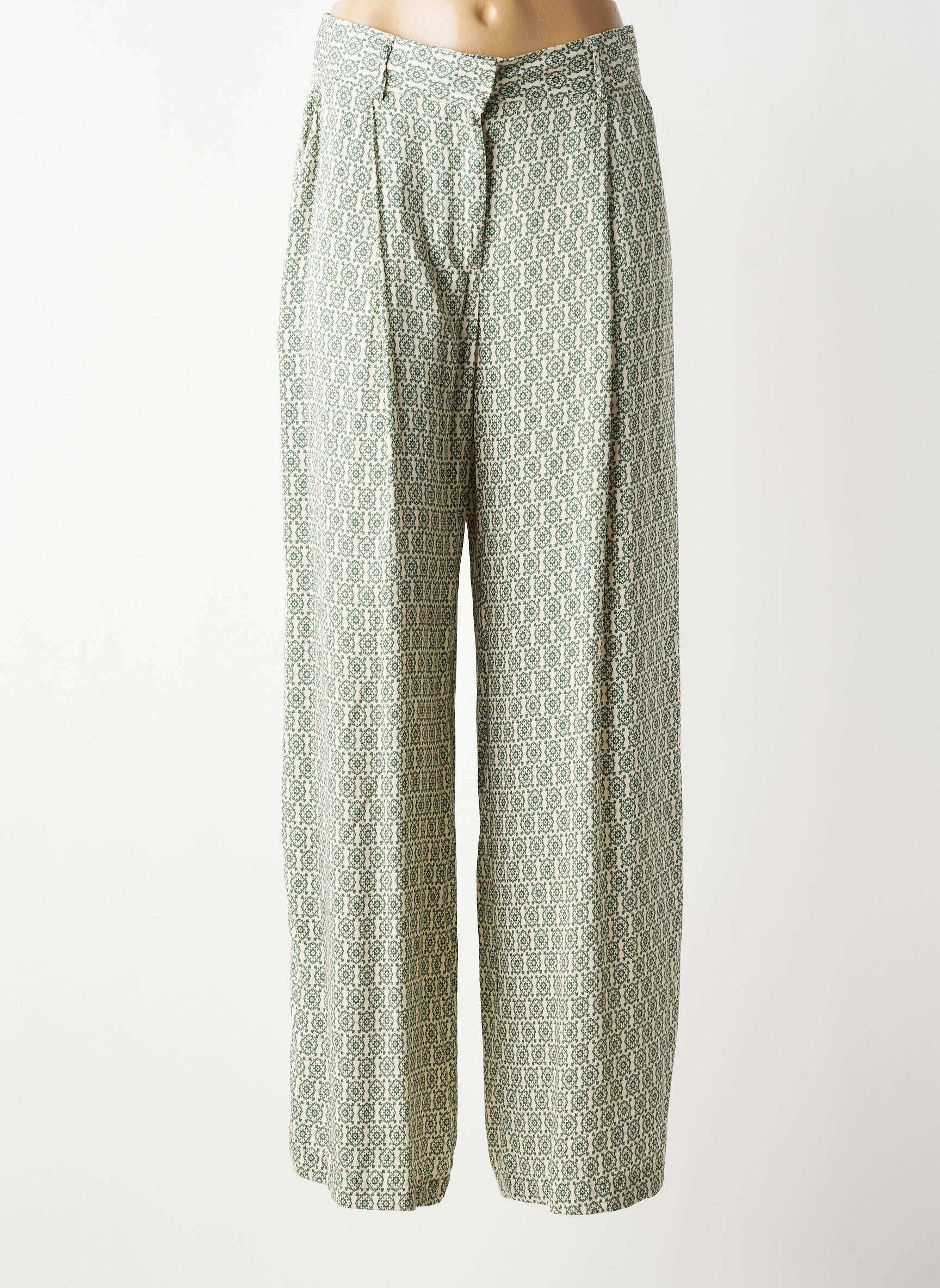 Pantalon larg talie înaltă talie cu cleme verde IKKS fată