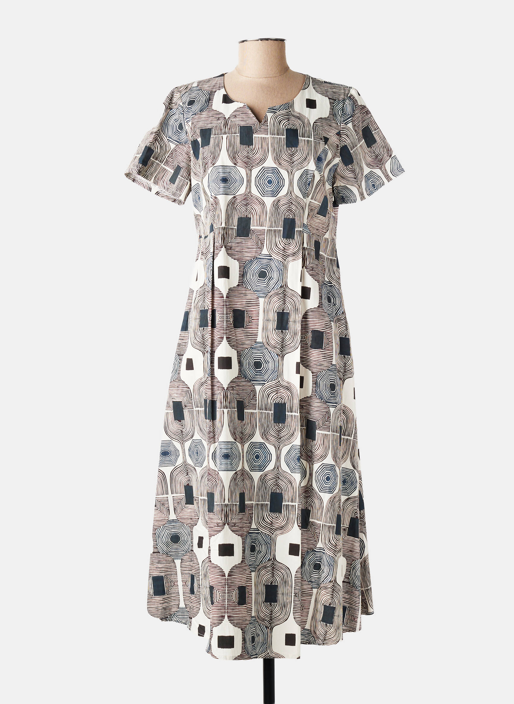 Rochie midi imprimeu fantezie mâneci scurte bej FLIRT femeie