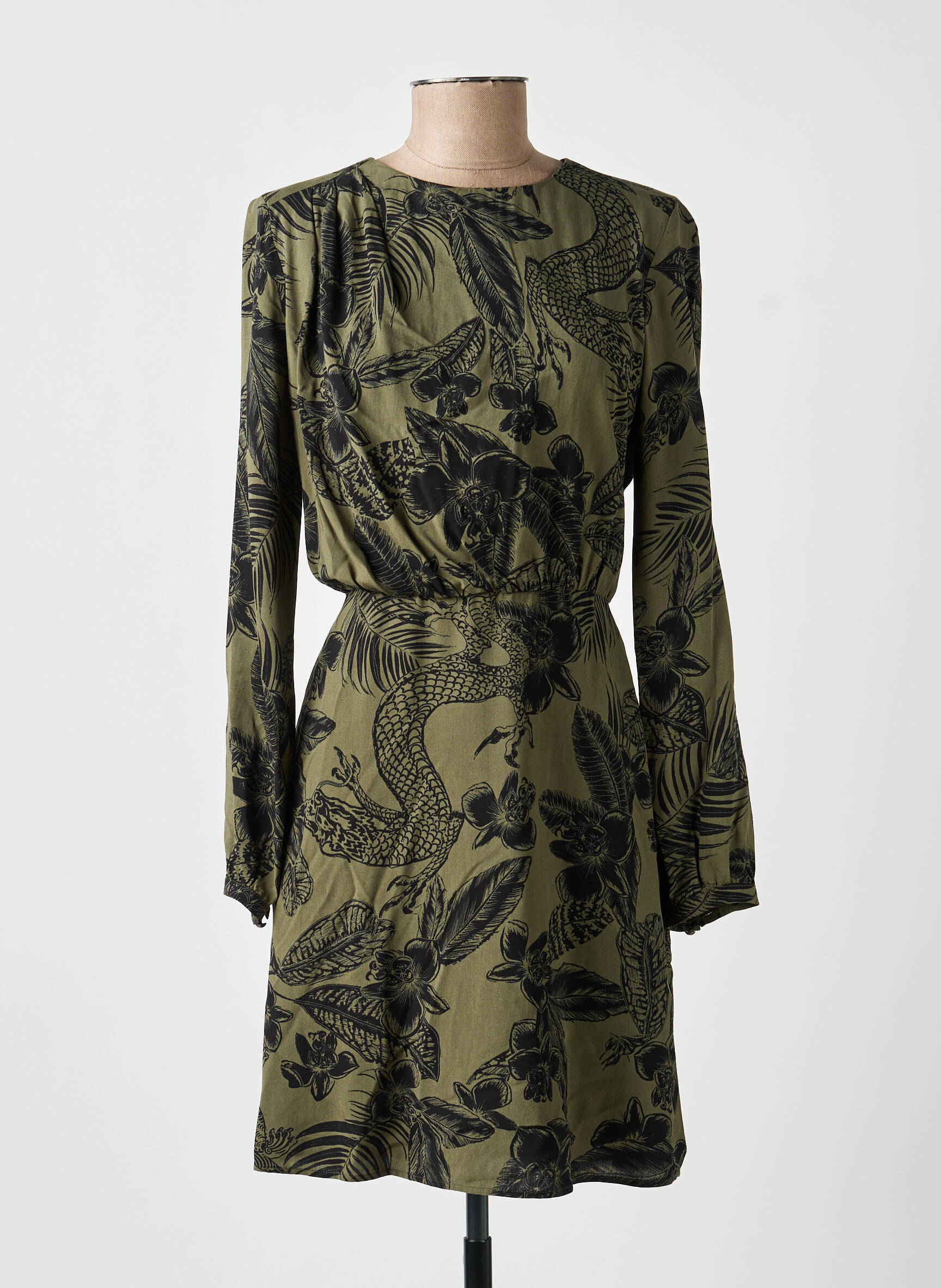 Rochie midi imprimeu fantezie mâneci lungi verde IKKS femeie