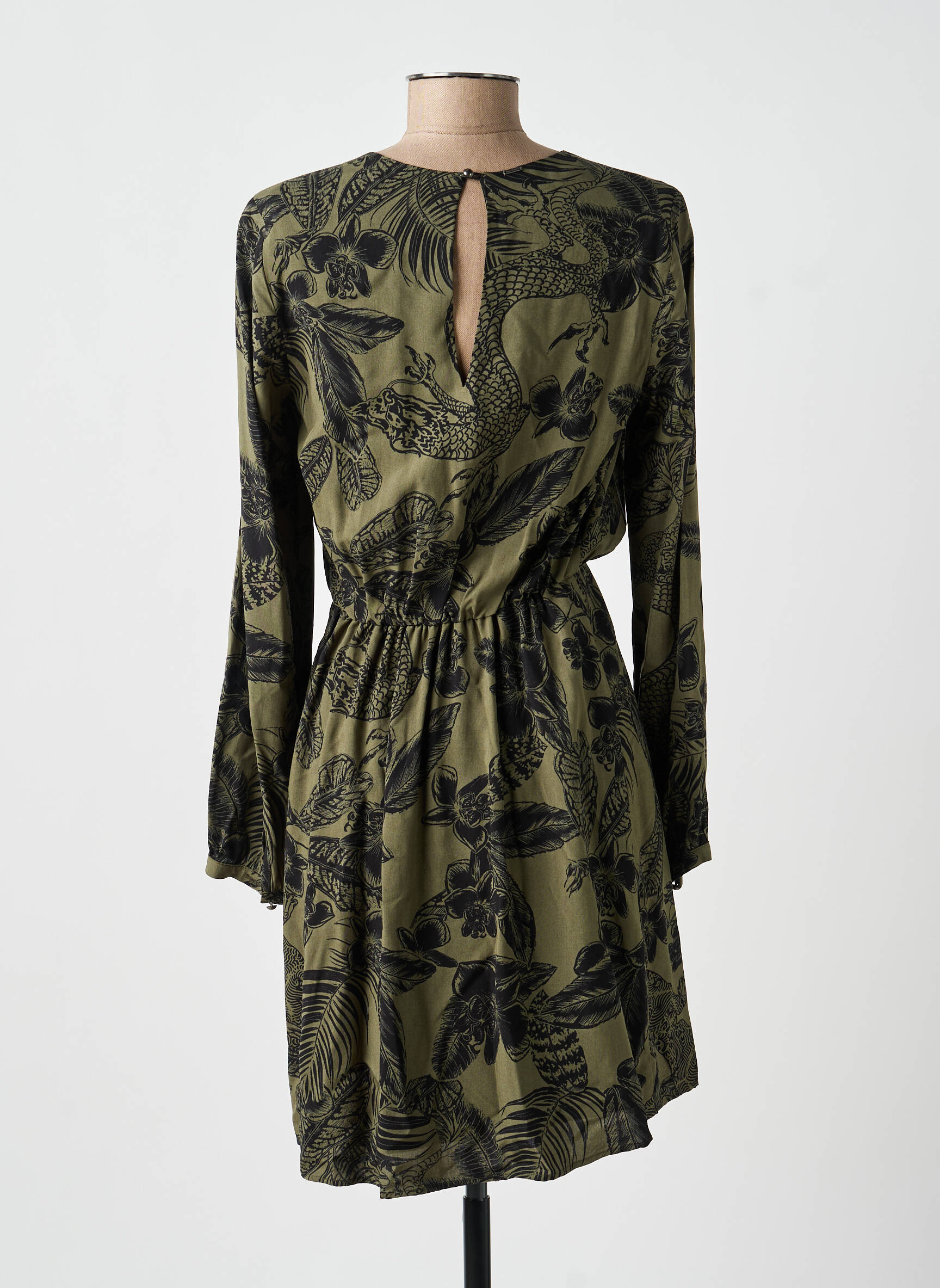 Rochie midi imprimeu fantezie mâneci lungi verde IKKS femeie