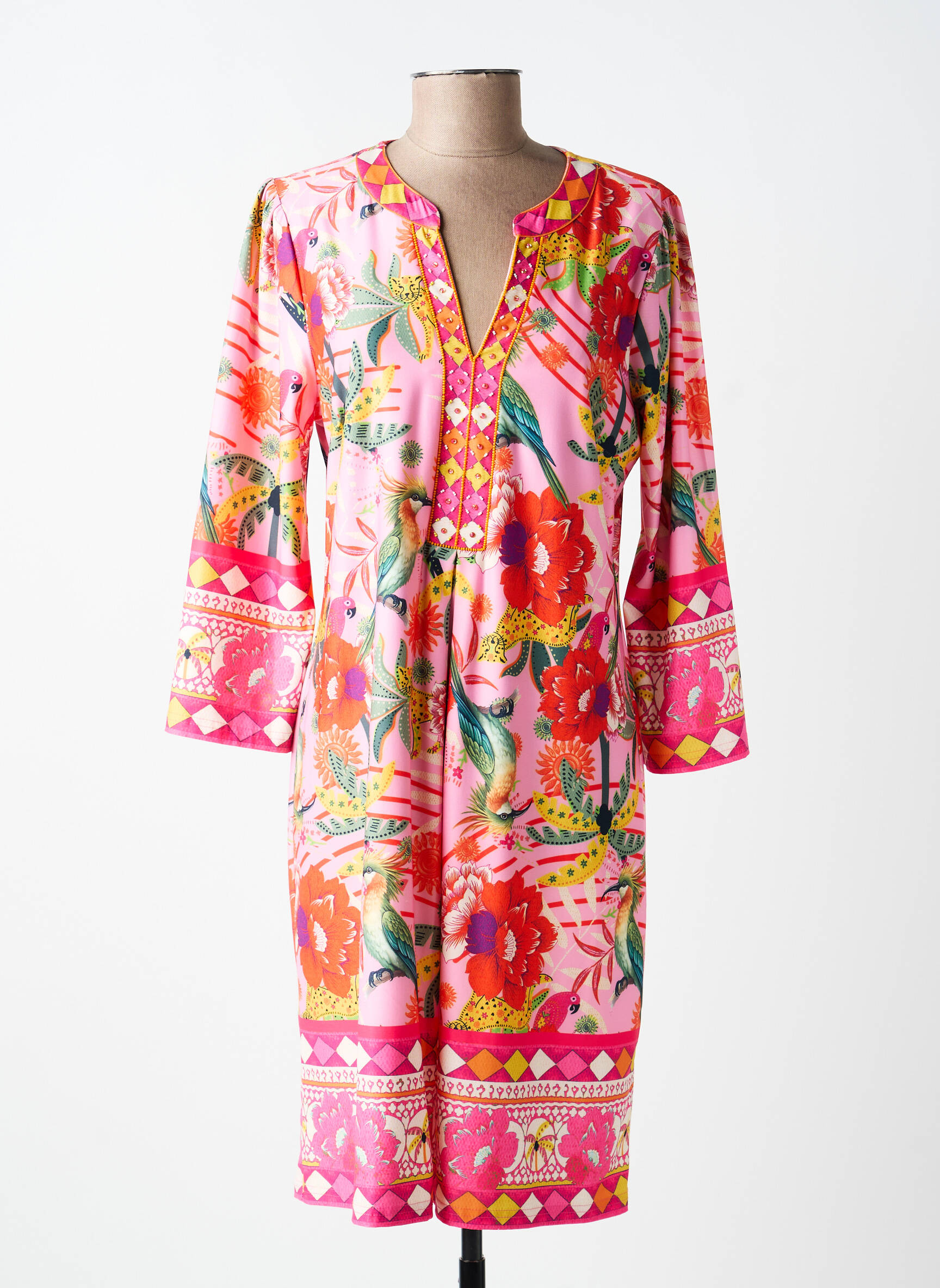 Rochie midi imprimeu floral mâneci 3/4 roz K-DESIGN femeie