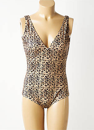 Costum de baie dintr-o singură piesă efect material satinat sutien balconet cu decolteu înalt bej LEO & UGO femeie