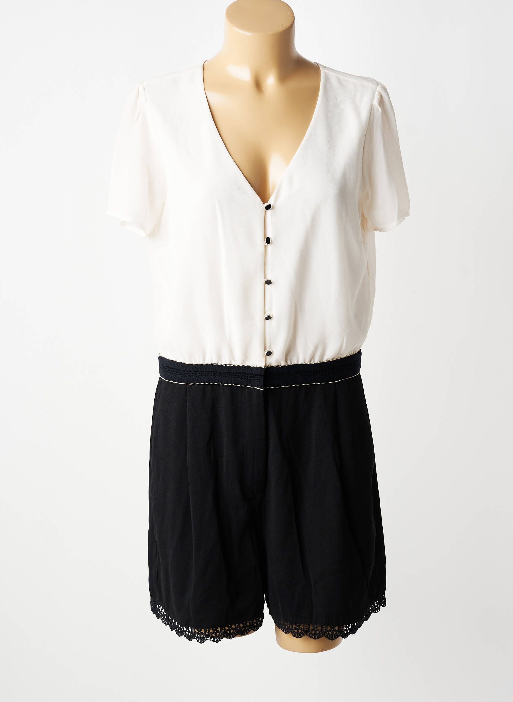 Salopetă scurtă țesătură crep mâneci scurte negru I.CODE (By IKKS) femeie