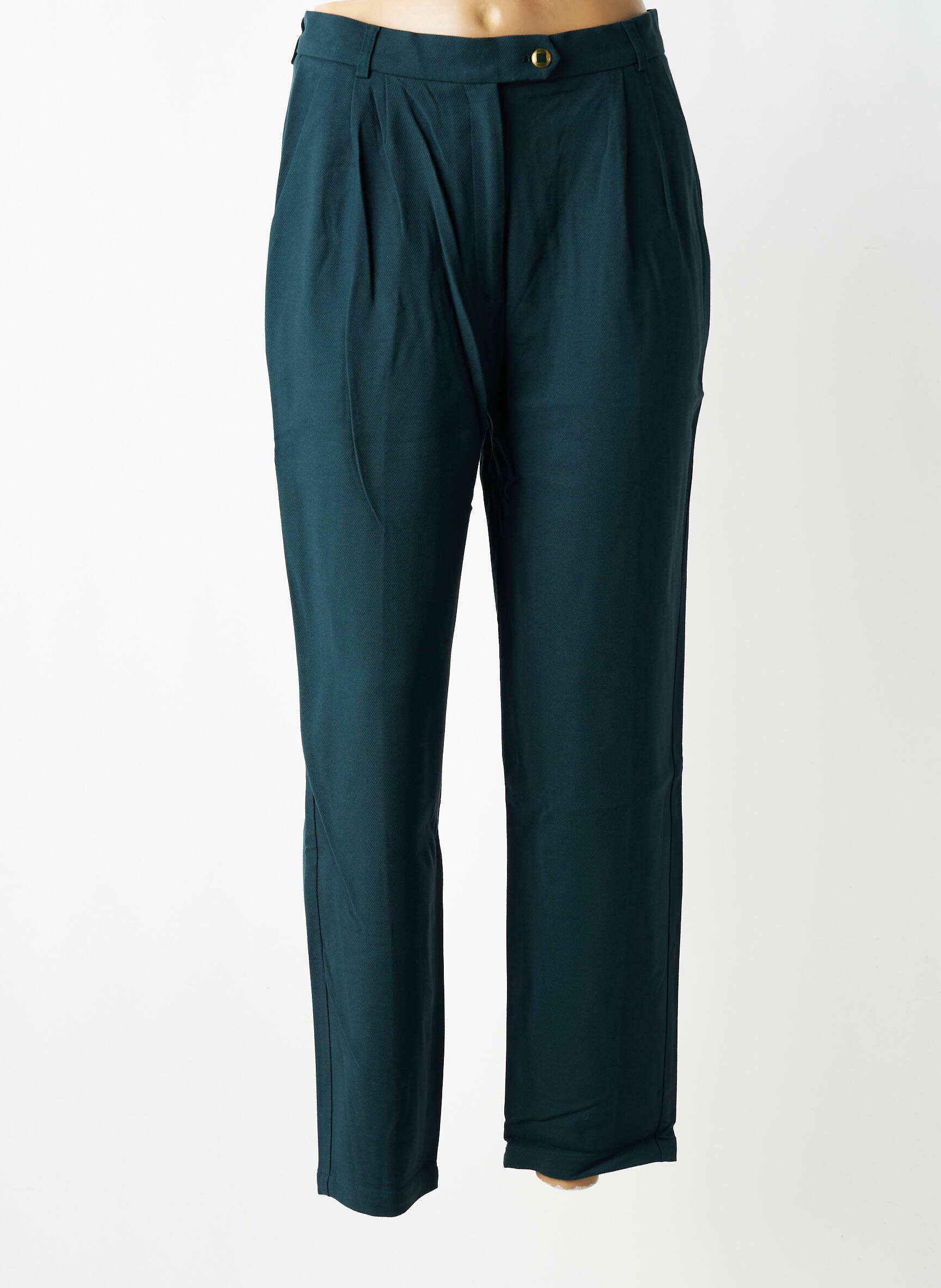 Pantalon drept talie cu cleme mărime normală verde DES PETITS HAUTS femeie