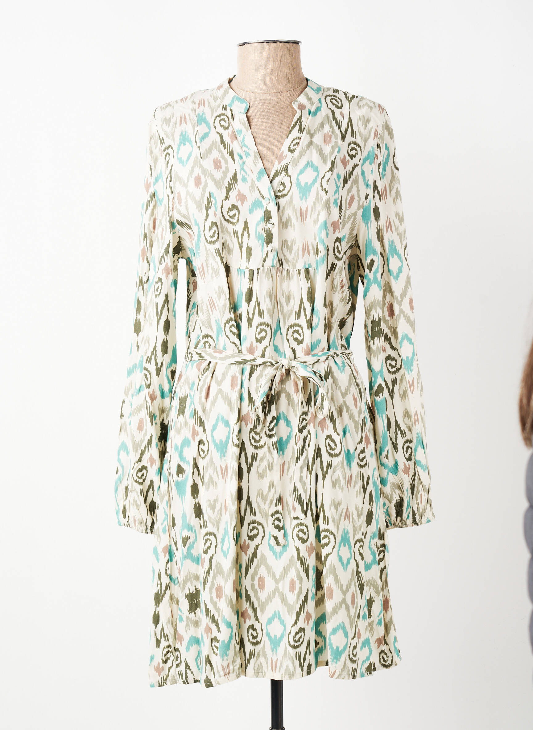 Rochie midi imprimeu fantezie mâneci lungi verde ICHI femeie