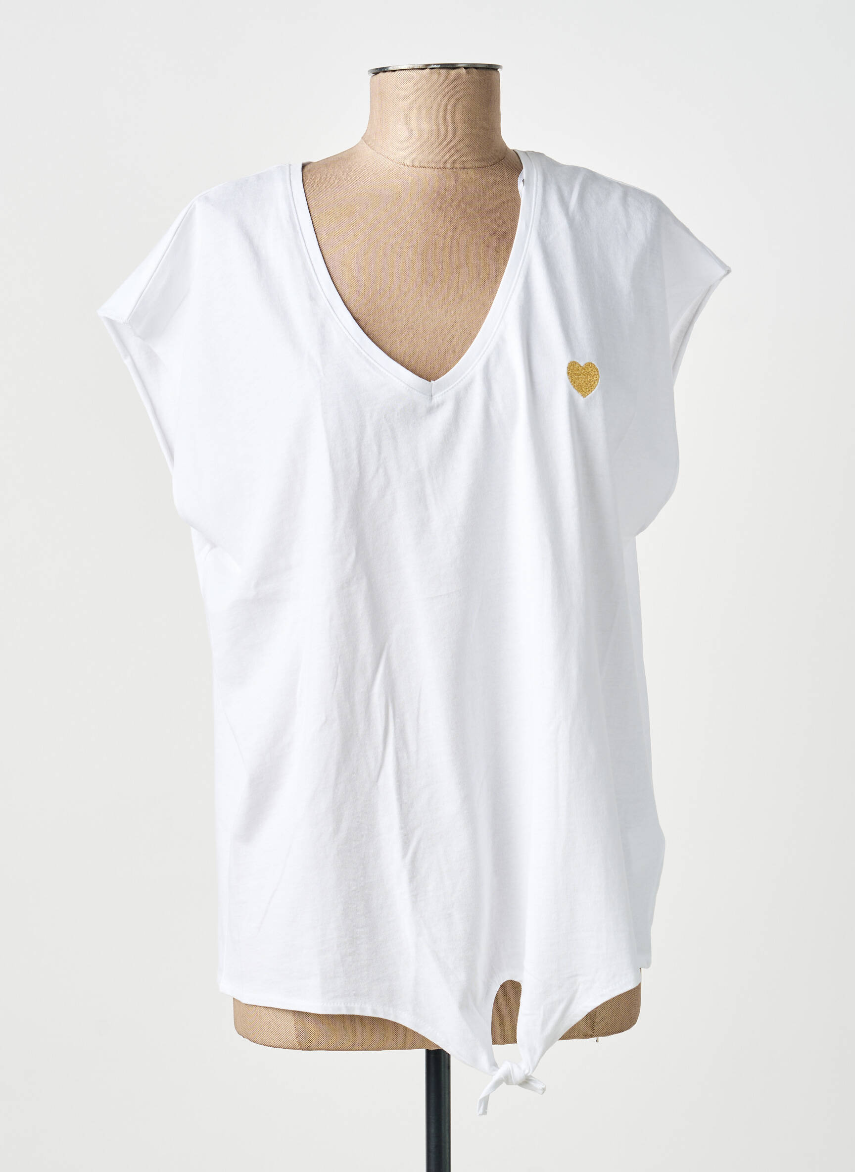 Tricou guler în v mâneci scurte alb C'EST BEAU LA VIE femeie