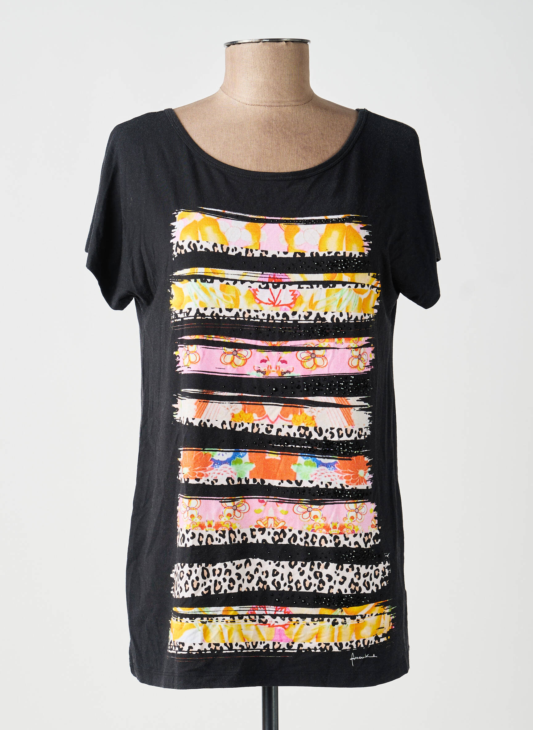 Tricou serigrafie cu strasuri mâneci scurte negru ANANKE femeie