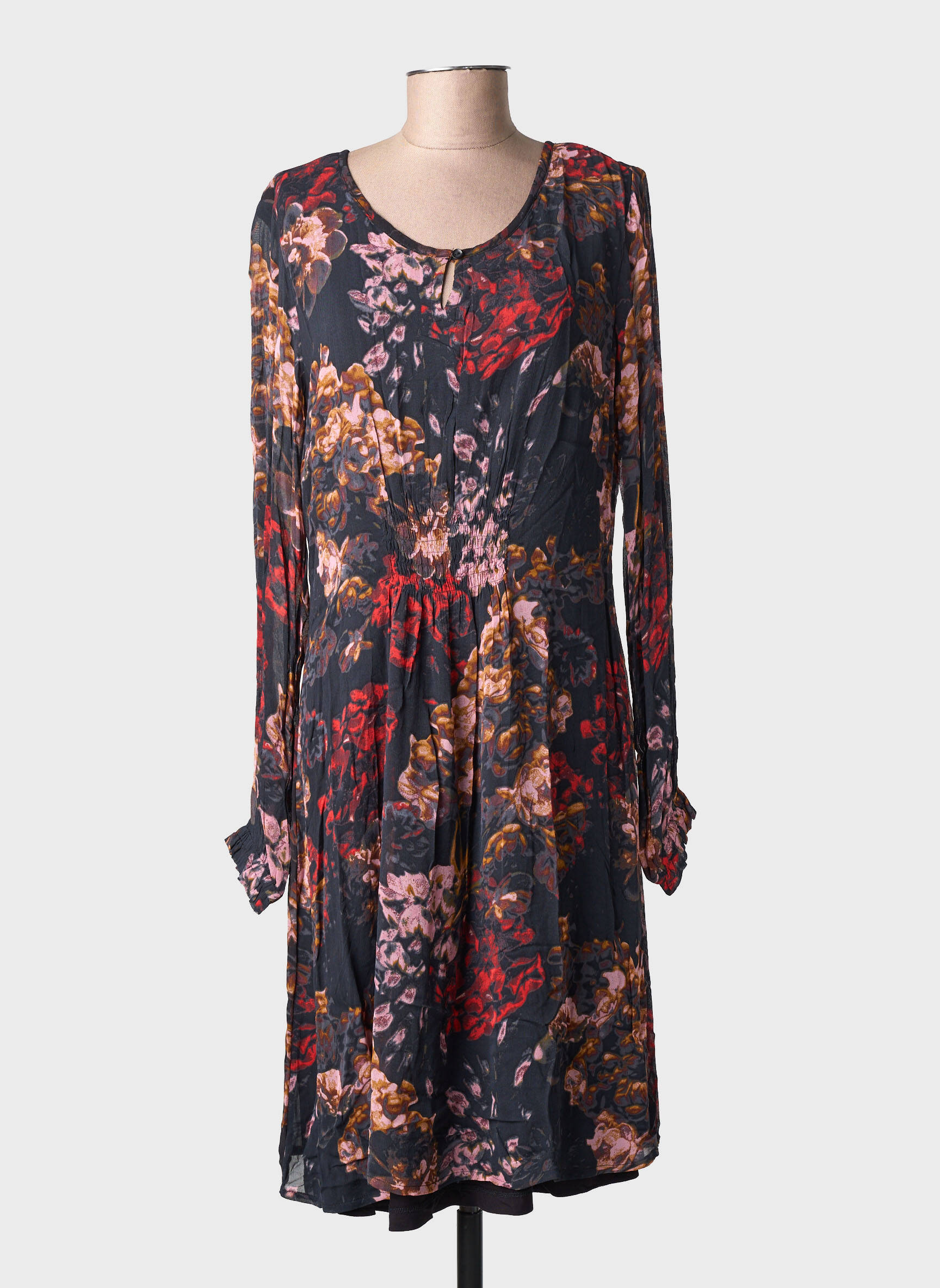 Rochie midi imprimeu fantezie mâneci lungi gri CREAM femeie