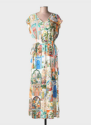 Rochie lungă imprimeu fantezie mâneci scurte bej GEISHA femeie