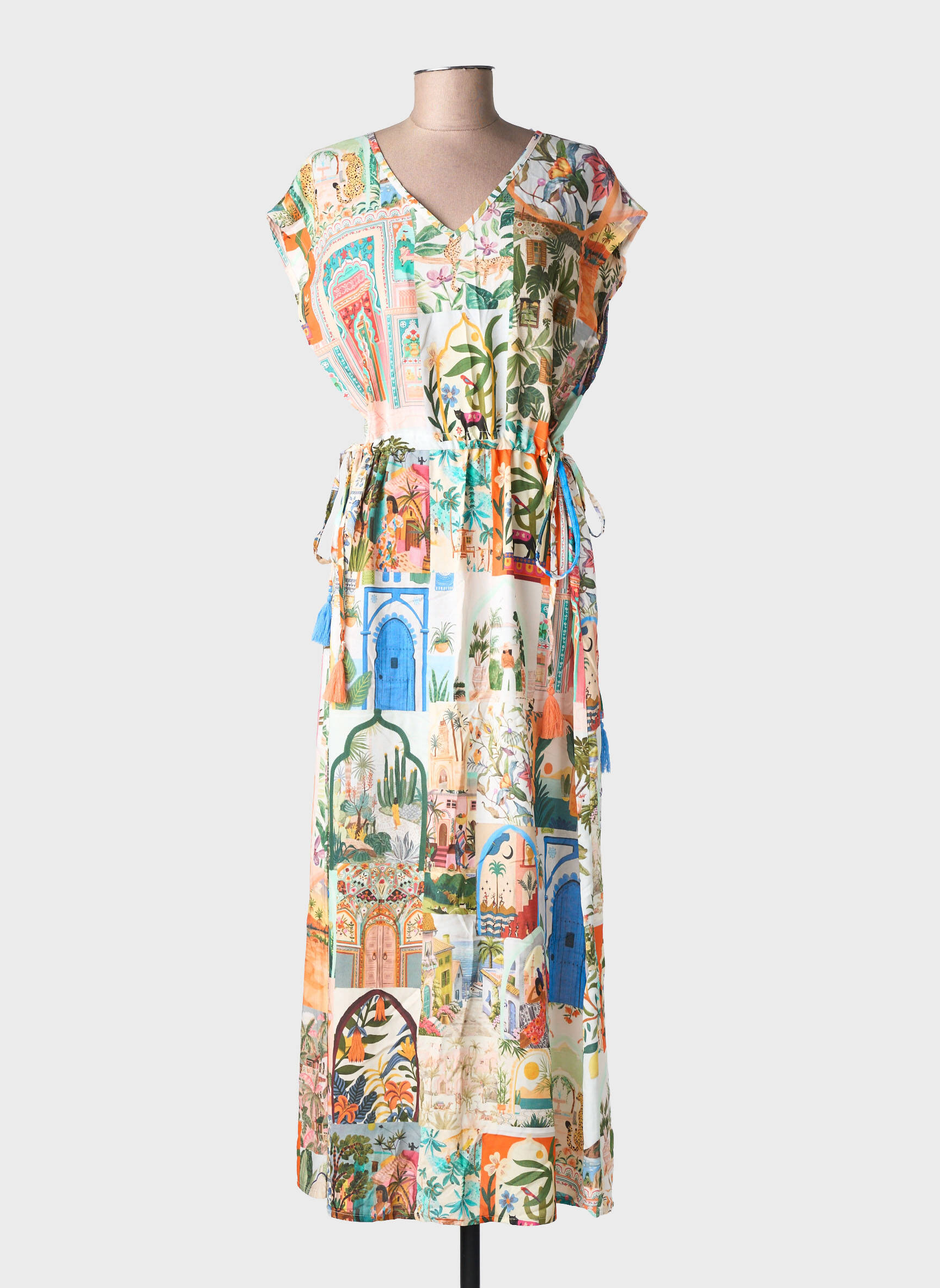 Rochie lungă imprimeu fantezie mâneci scurte bej GEISHA femeie
