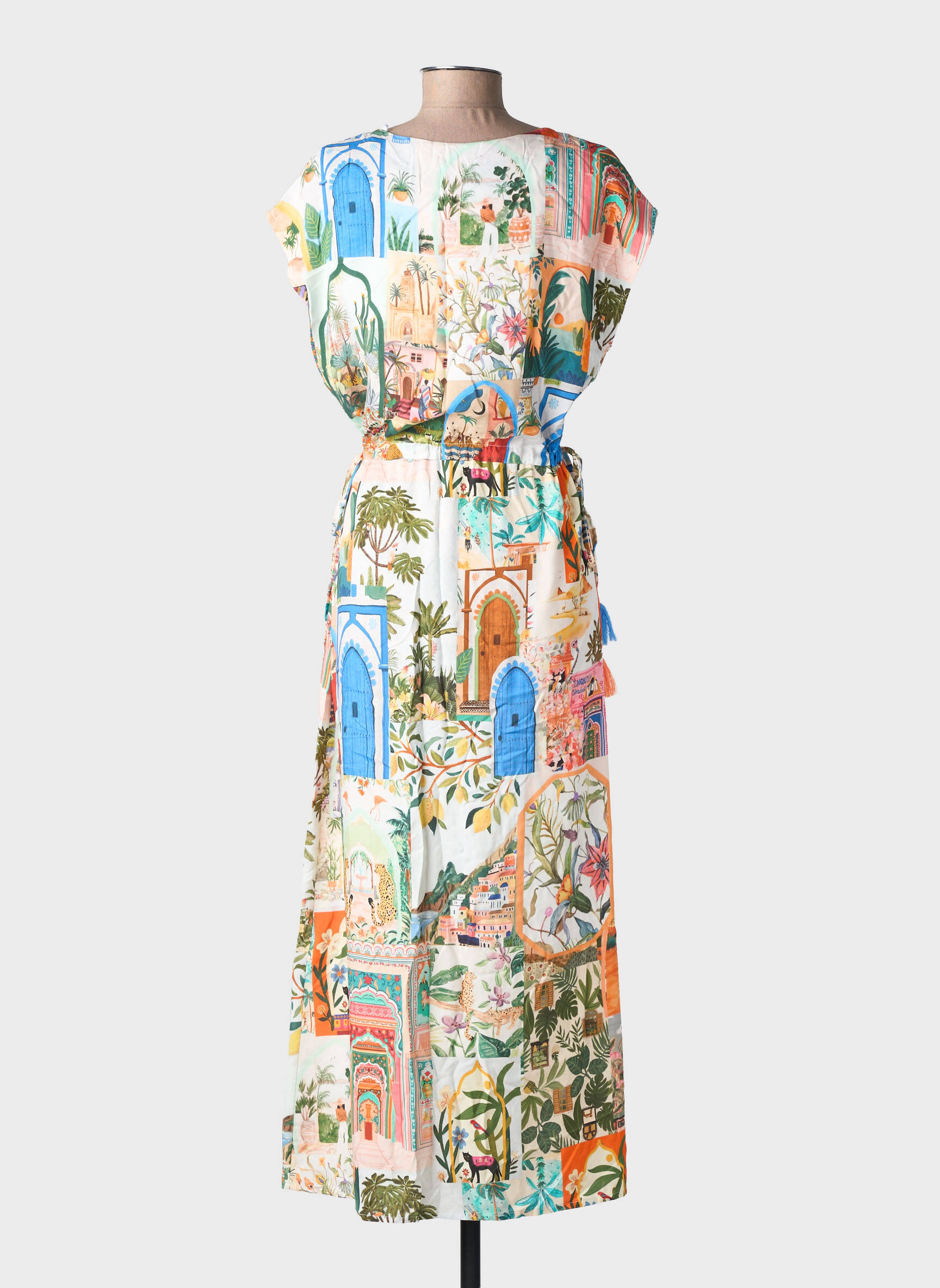 Rochie lungă imprimeu fantezie mâneci scurte bej GEISHA femeie