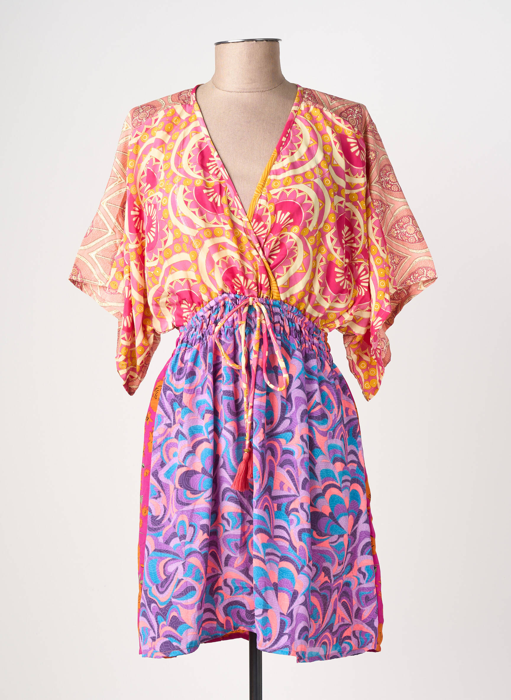 Rochie scurtă croială fluidă mâneci scurte roz LARAETHNICS femeie