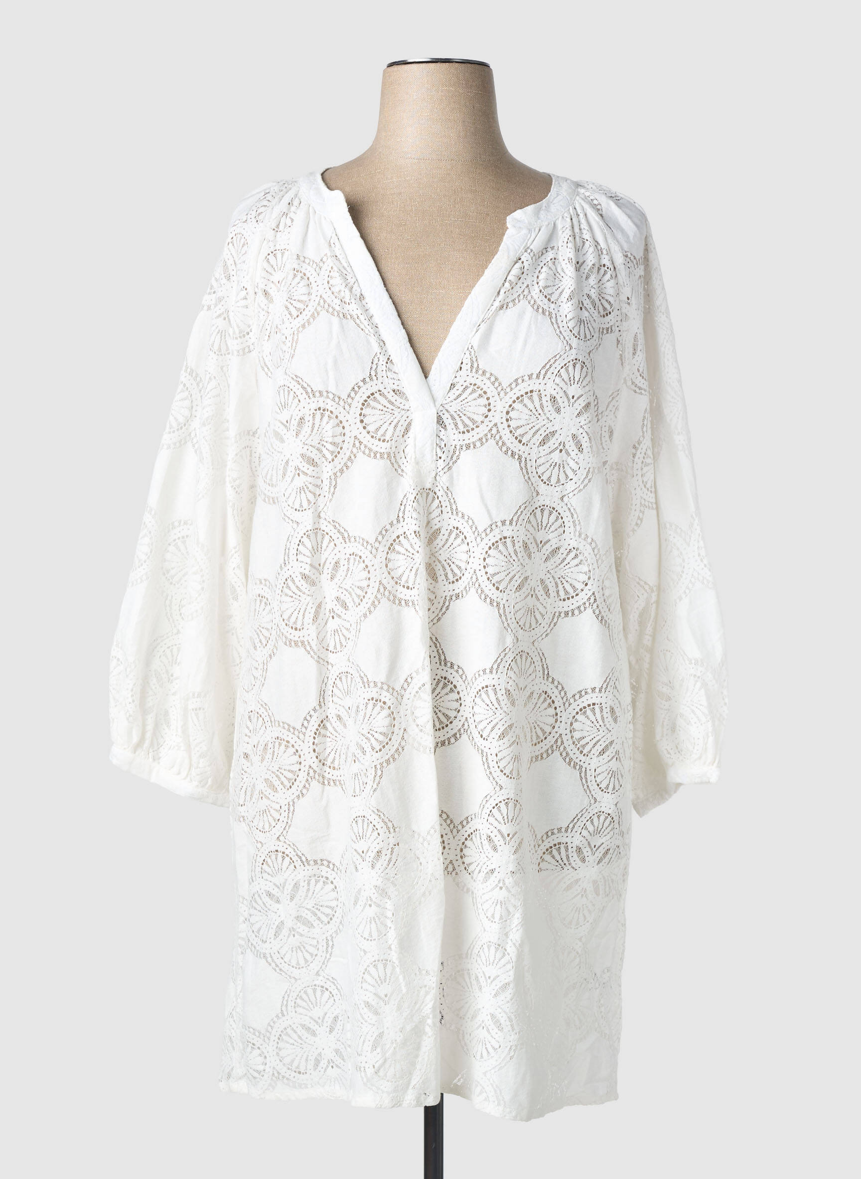 Rochie scurtă croială fluidă mâneci lungi alb LARAETHNICS femeie