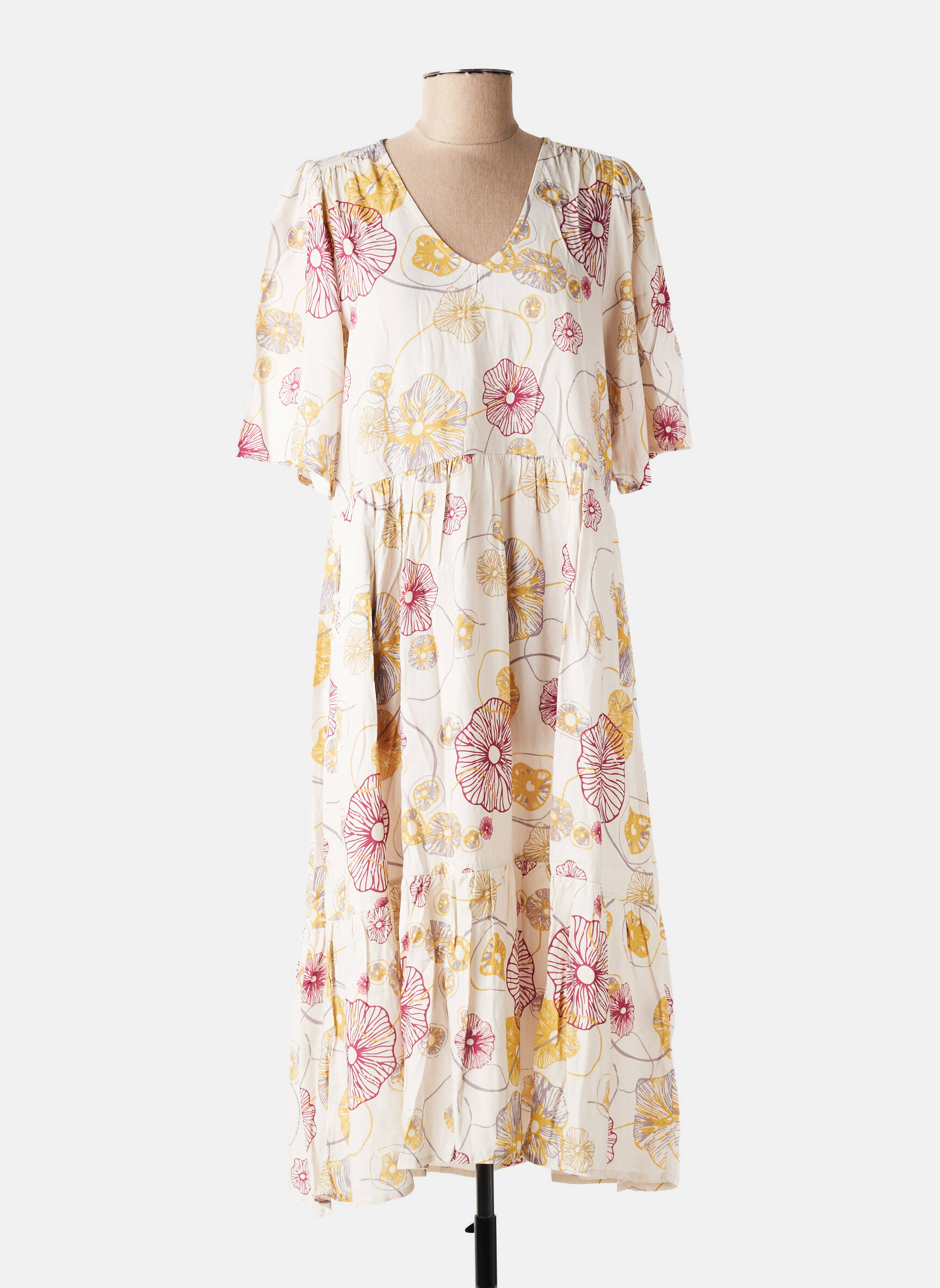 Rochie midi imprimeu floral mâneci scurte bej ZILCH femeie