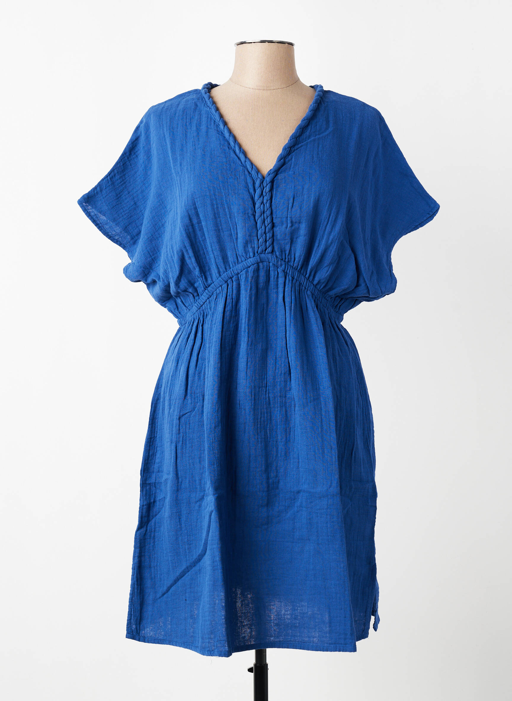 Rochie midi țesătură crep mâneci scurte albastru C'EST BEAU LA VIE femeie
