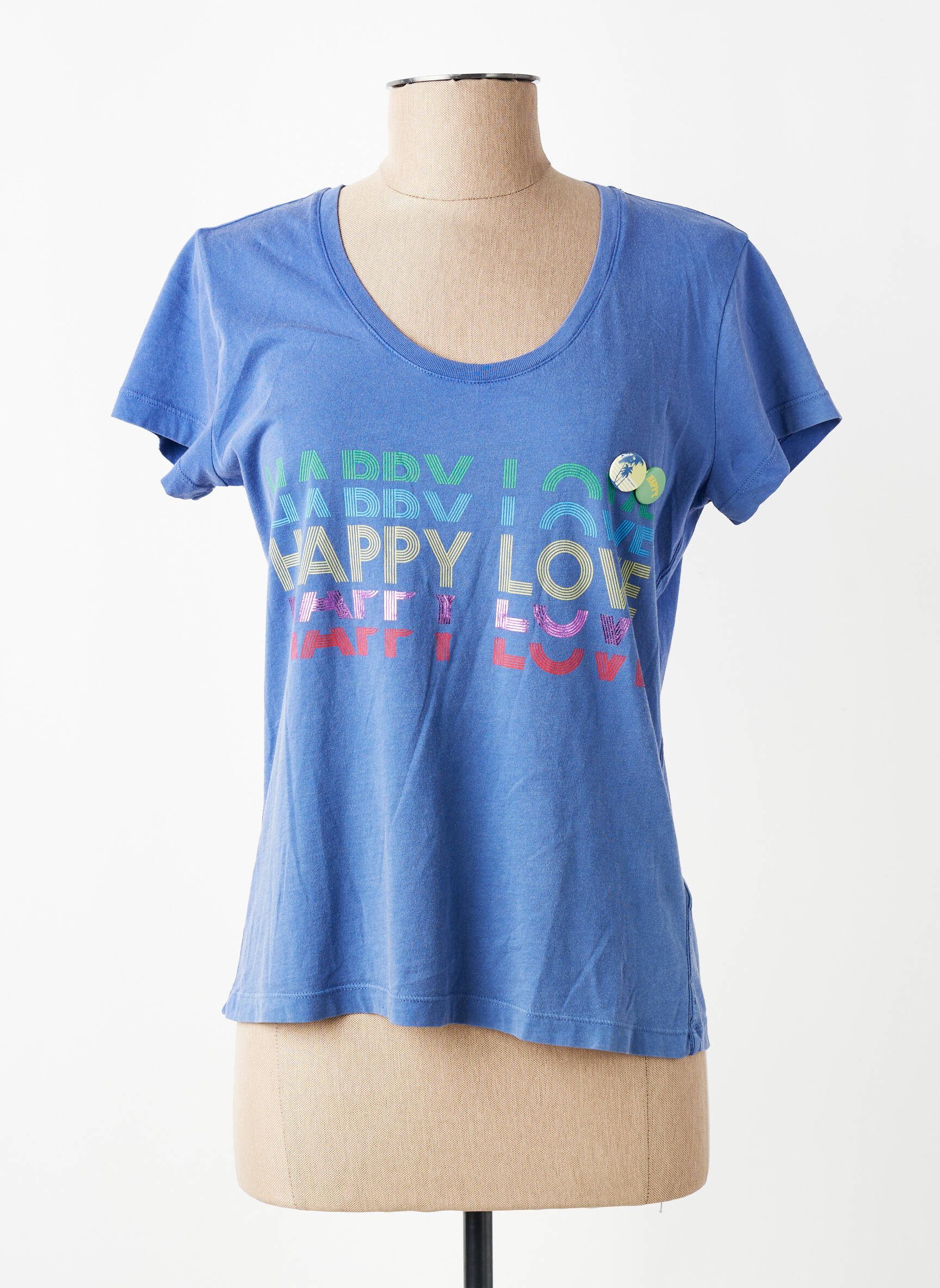 Tricou serigrafie flockată mâneci scurte albastru HAPPY femeie