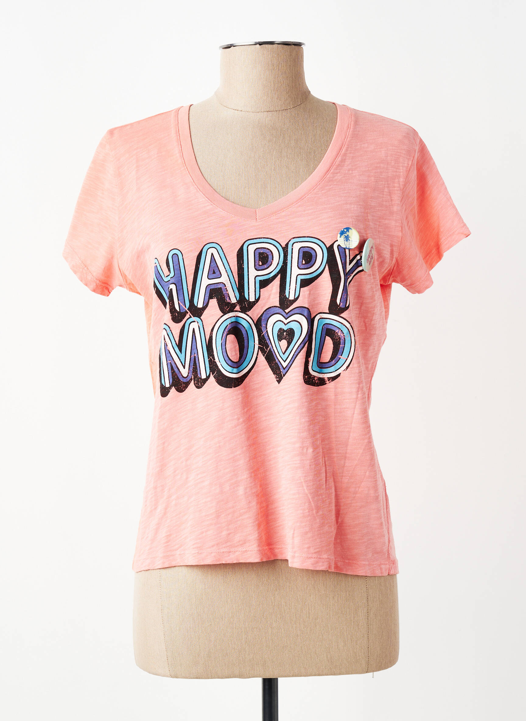 Tricou serigrafie flockată mâneci scurte portocalie HAPPY femeie