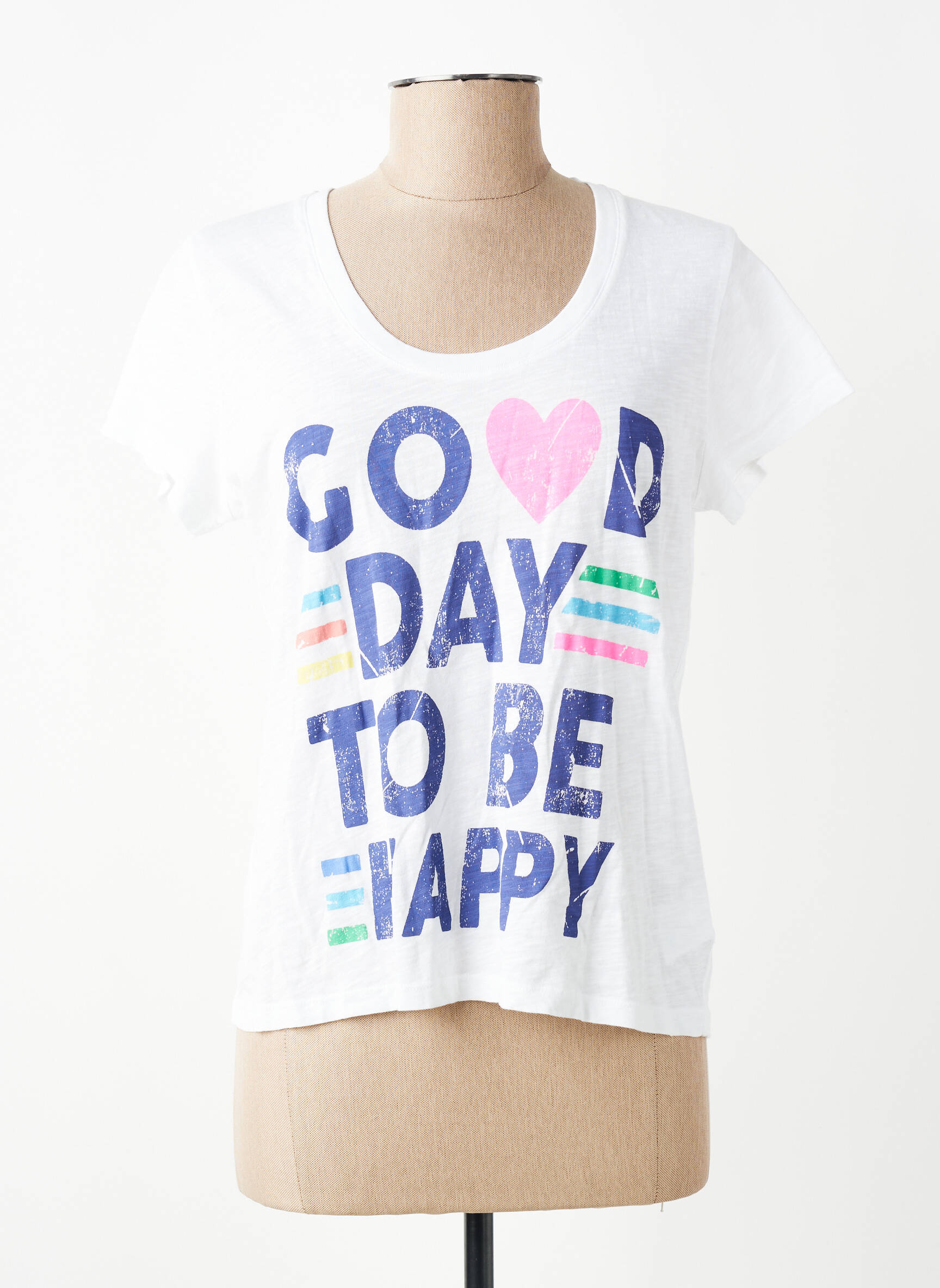 Tricou serigrafie flockată mâneci scurte alb HAPPY femeie