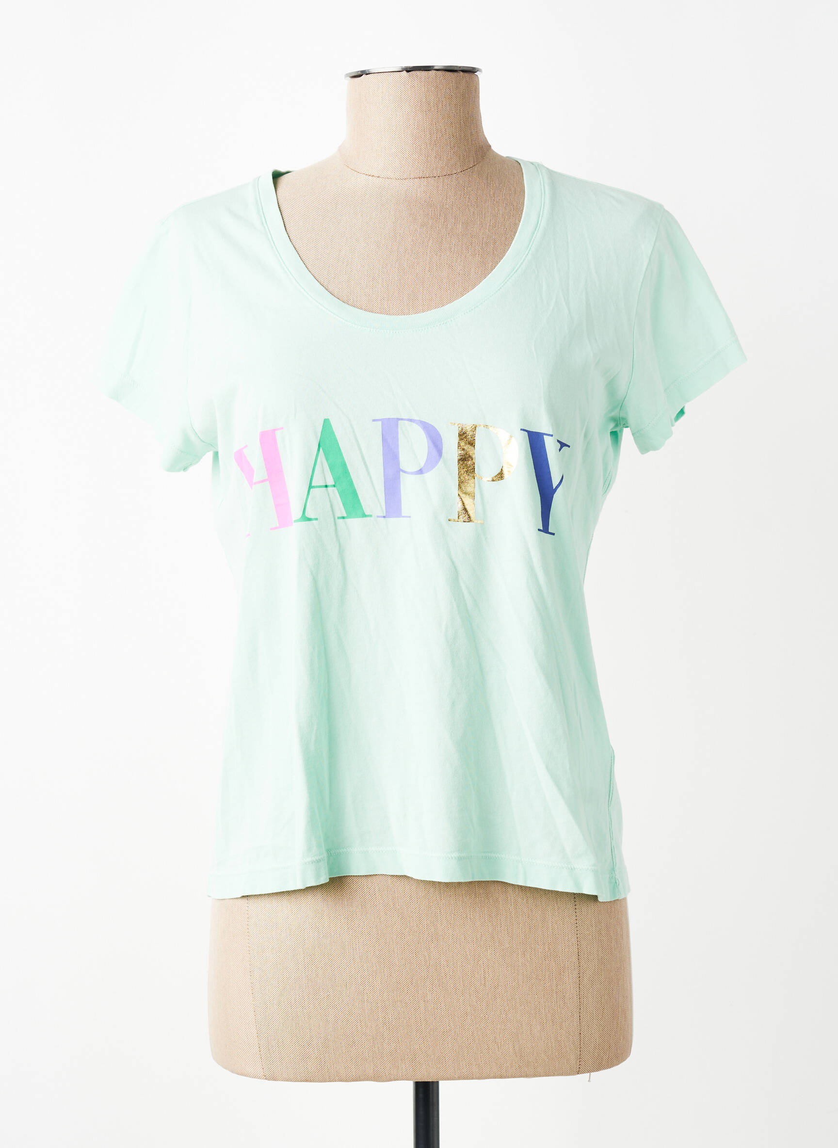 Tricou serigrafie flockată mâneci scurte verde HAPPY femeie