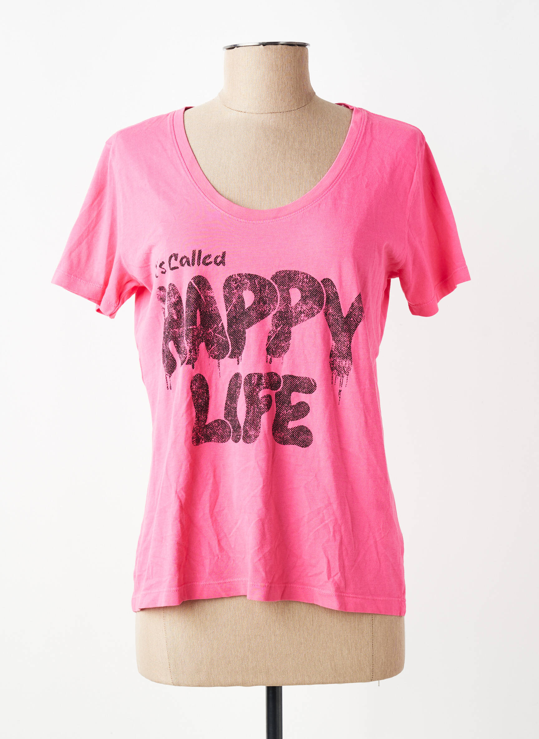 Tricou serigrafie flockată mâneci scurte roz HAPPY femeie