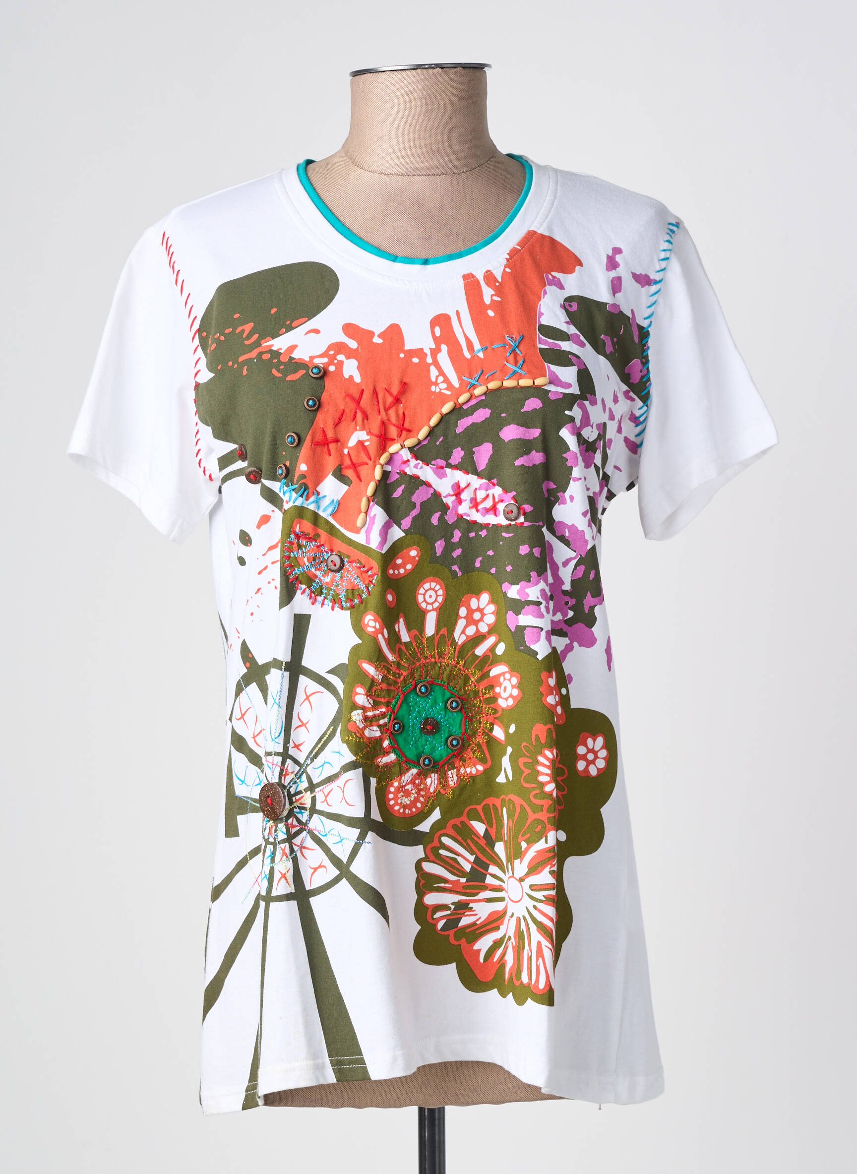 Tricou imprimeu fantezie mâneci scurte alb QUATRE VINGT JOURS femeie