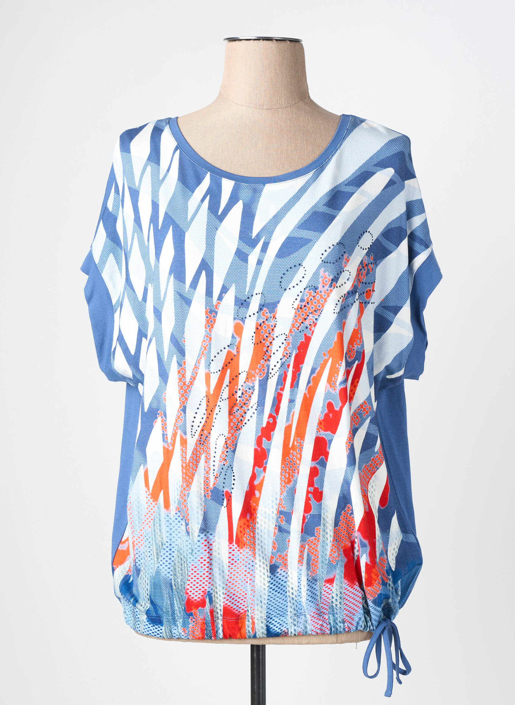 Tricou serigrafie cu strasuri mâneci scurte albastru BARBARA LEBEK femeie