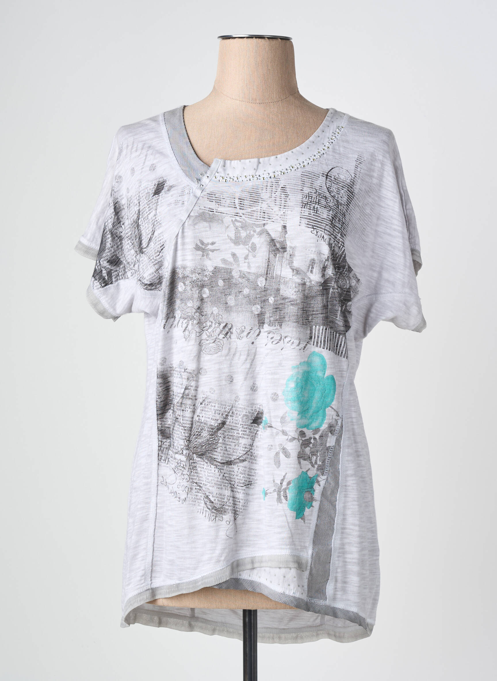 Tricou serigrafie cu strasuri mâneci scurte gri KALISSON femeie