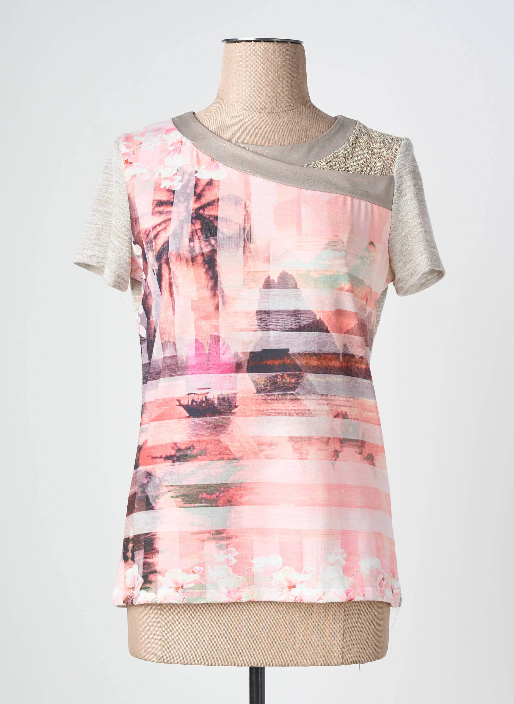 Tricou croială dreaptă mâneci scurte bej NURIA VILARDAGA femeie