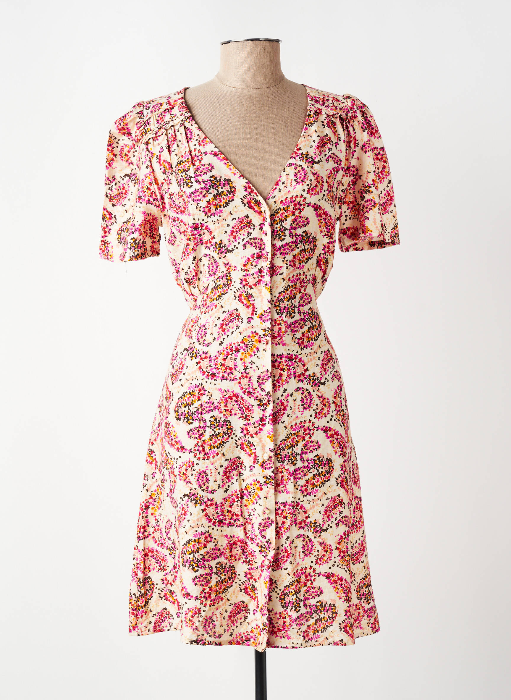 Rochie midi imprimeu floral mâneci scurte bej GRACE & MILA femeie