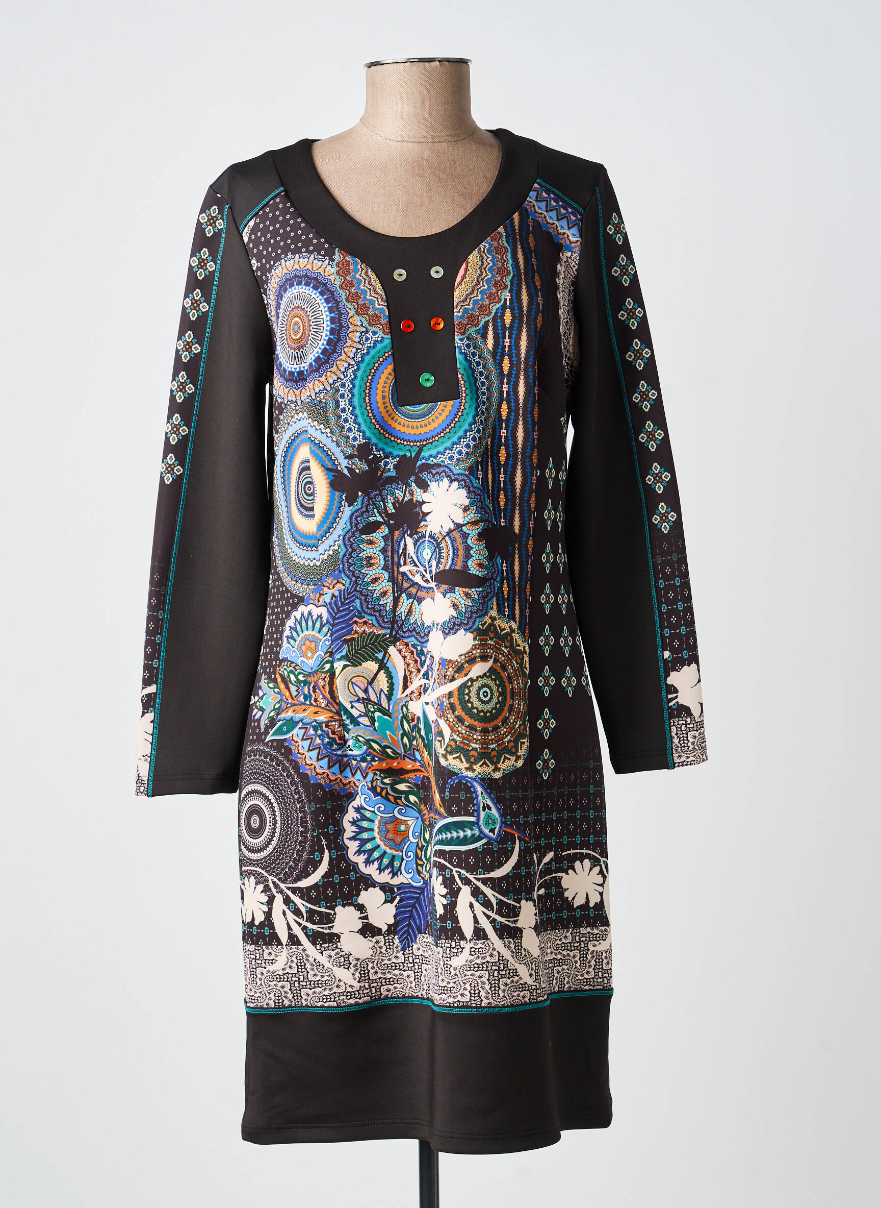 Rochie midi imprimeu fantezie mâneci lungi negru GUY DUBOUIS femeie