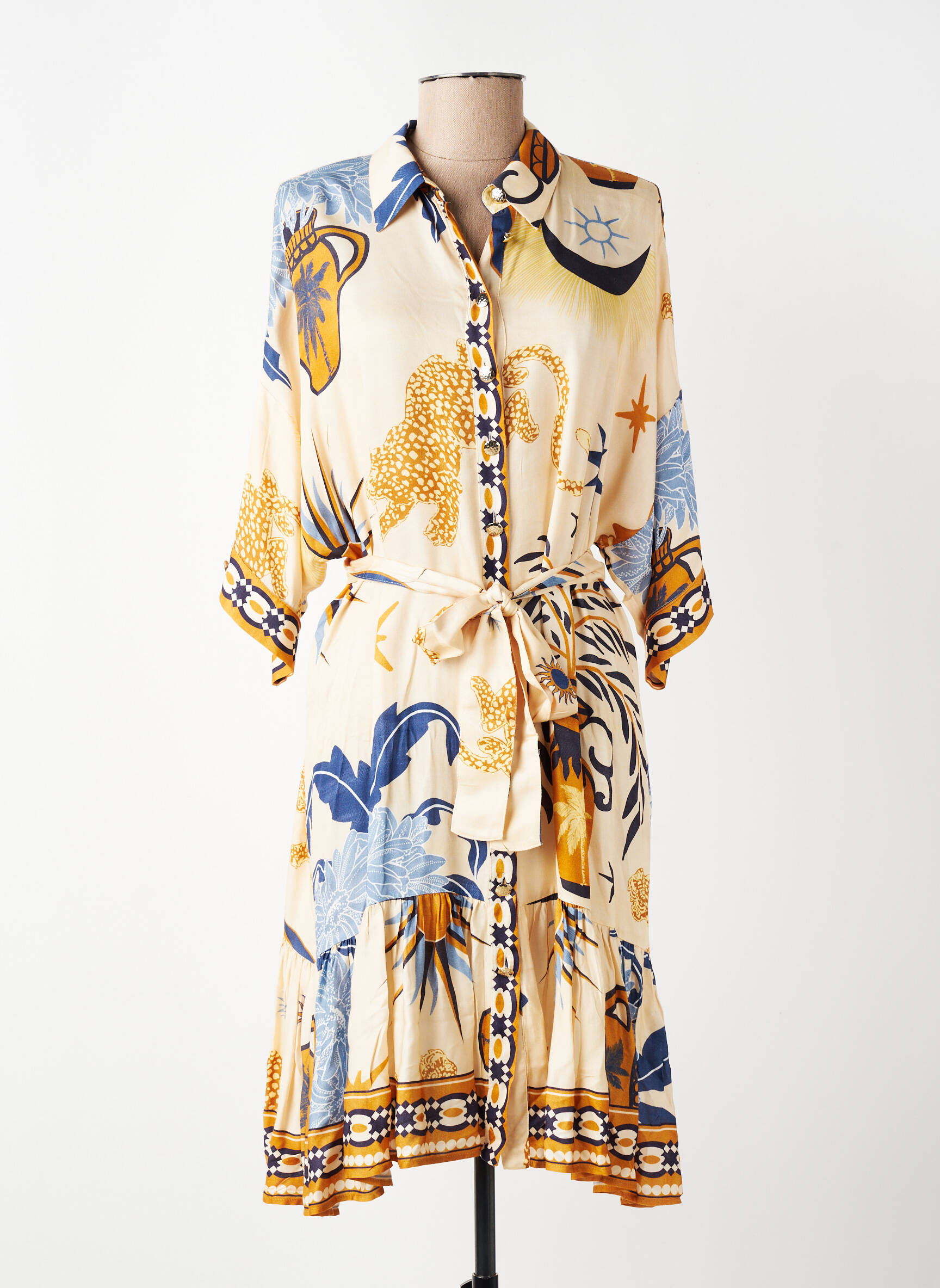 Rochie midi croială fluidă mâneci 3/4 bej LESLIE femeie