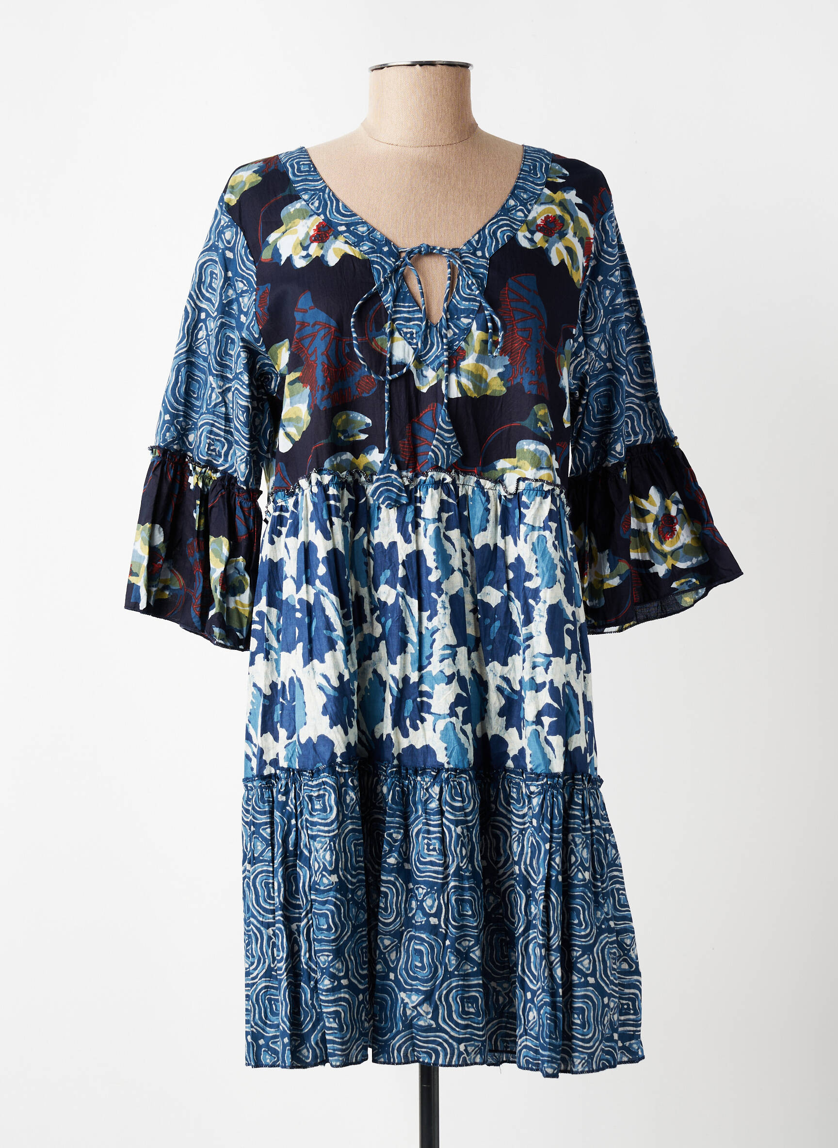 Rochie scurtă imprimeu floral mâneci 3/4 albastru DRESS ADDICT femeie
