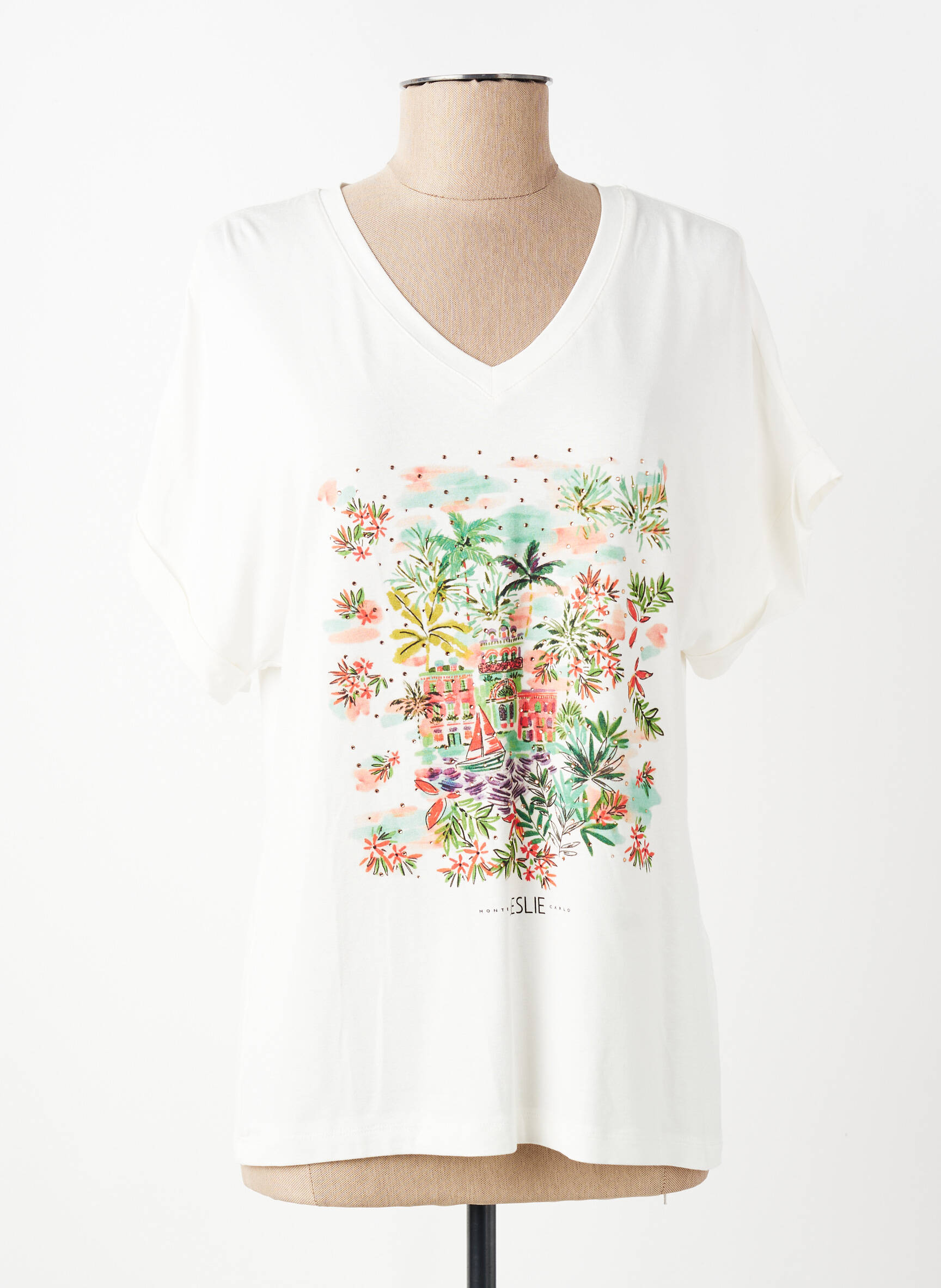 Tricou serigrafie cu strasuri mâneci scurte bej LESLIE femeie