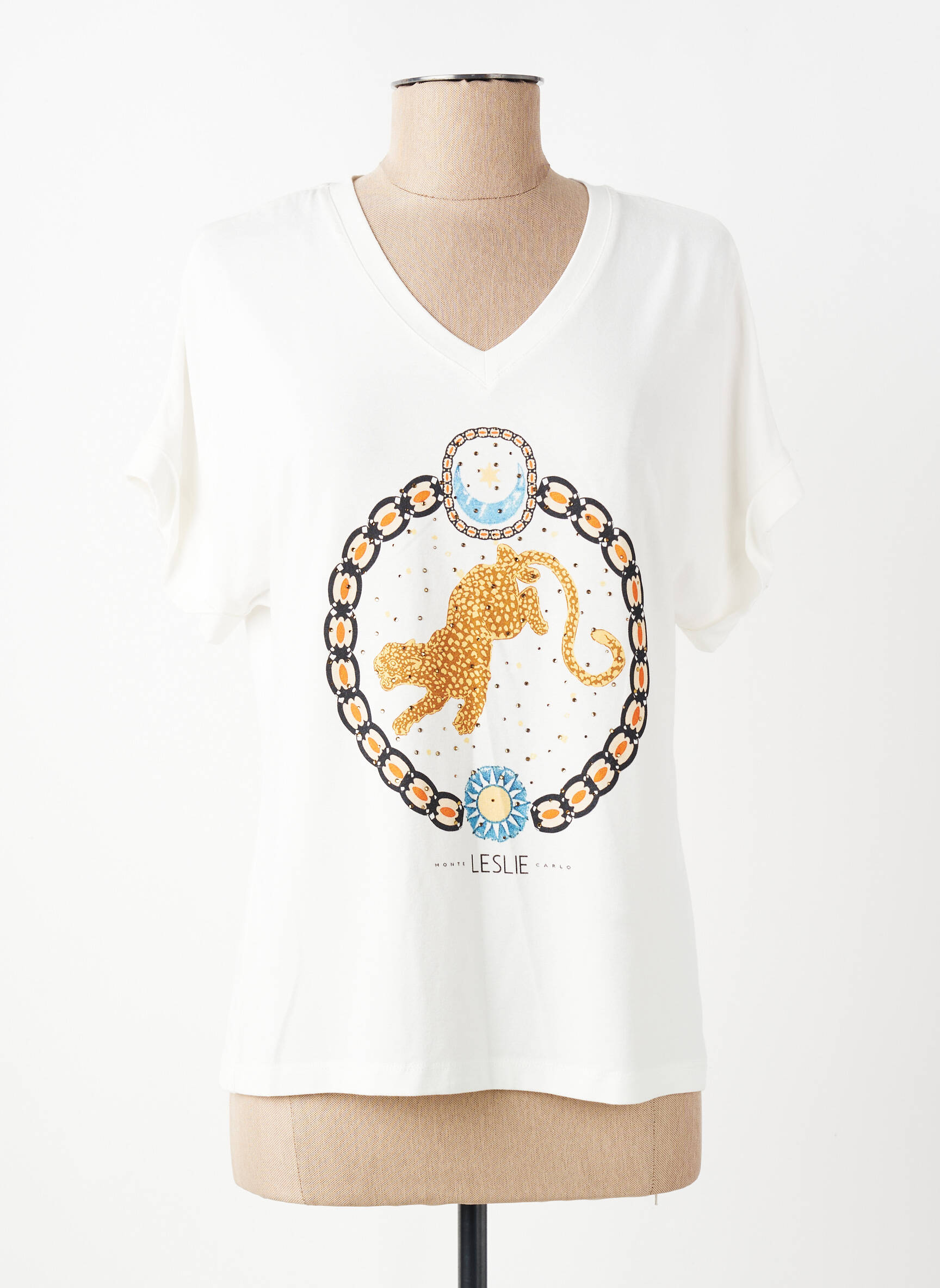Tricou imprimeu fantezie mâneci scurte bej LESLIE femeie