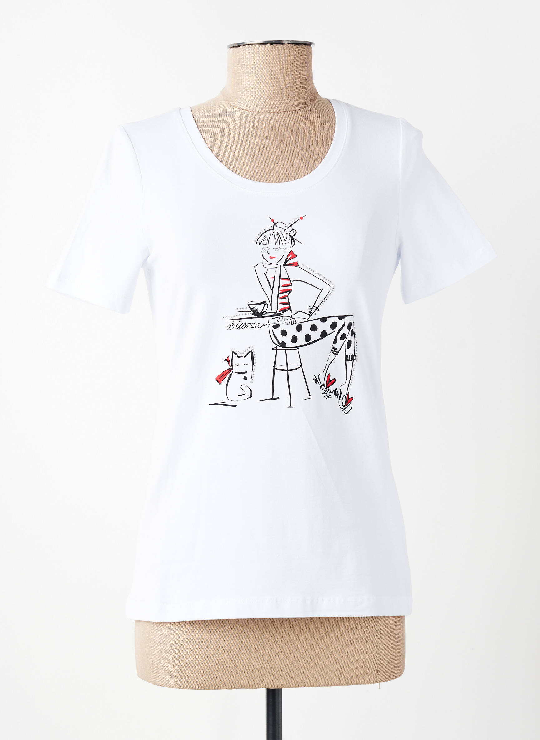 Tricou serigrafie cu strasuri mâneci scurte alb DOLCEZZA femeie