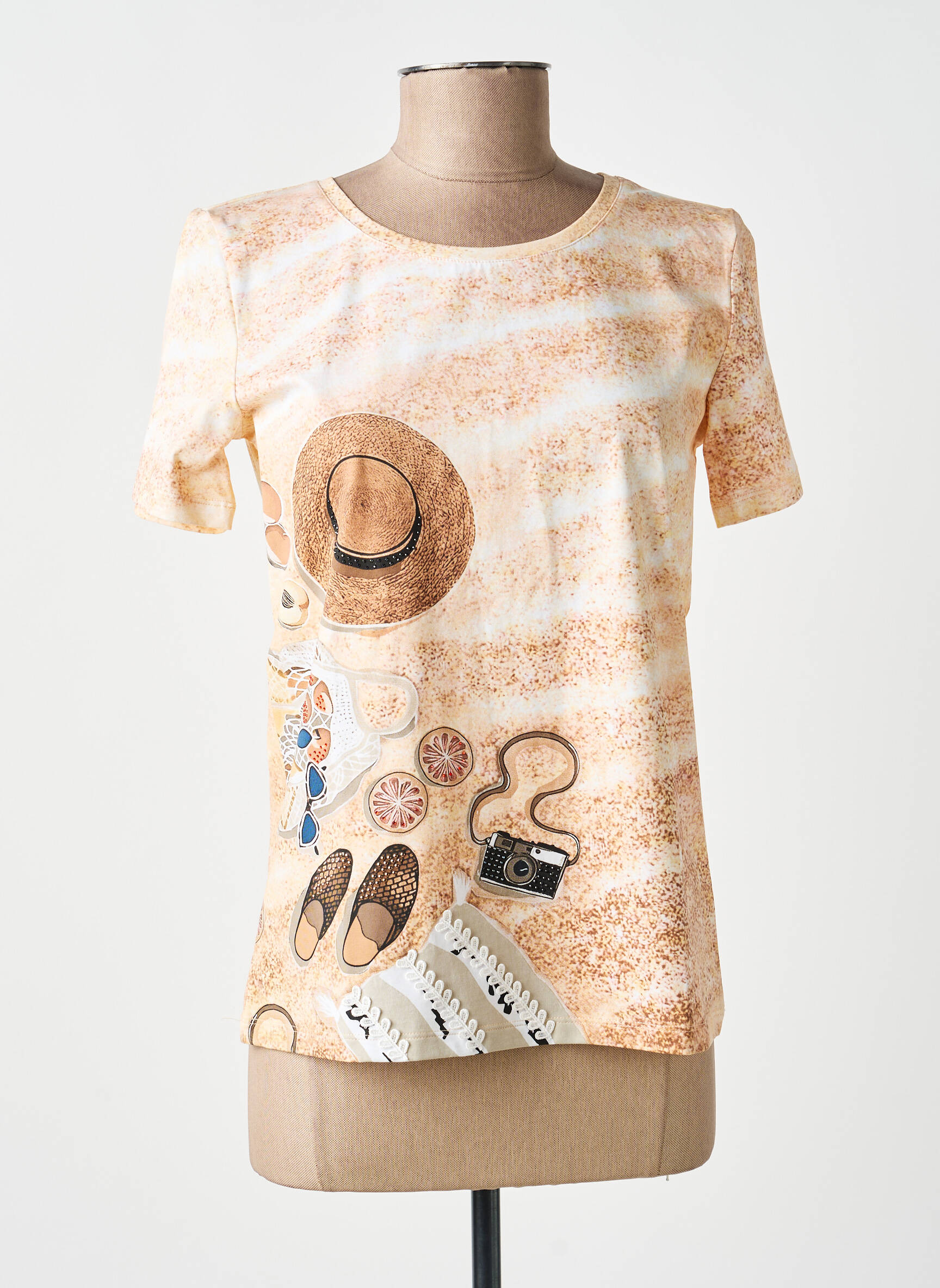 Tricou imprimeu fantezie mâneci scurte bej LEO & UGO femeie