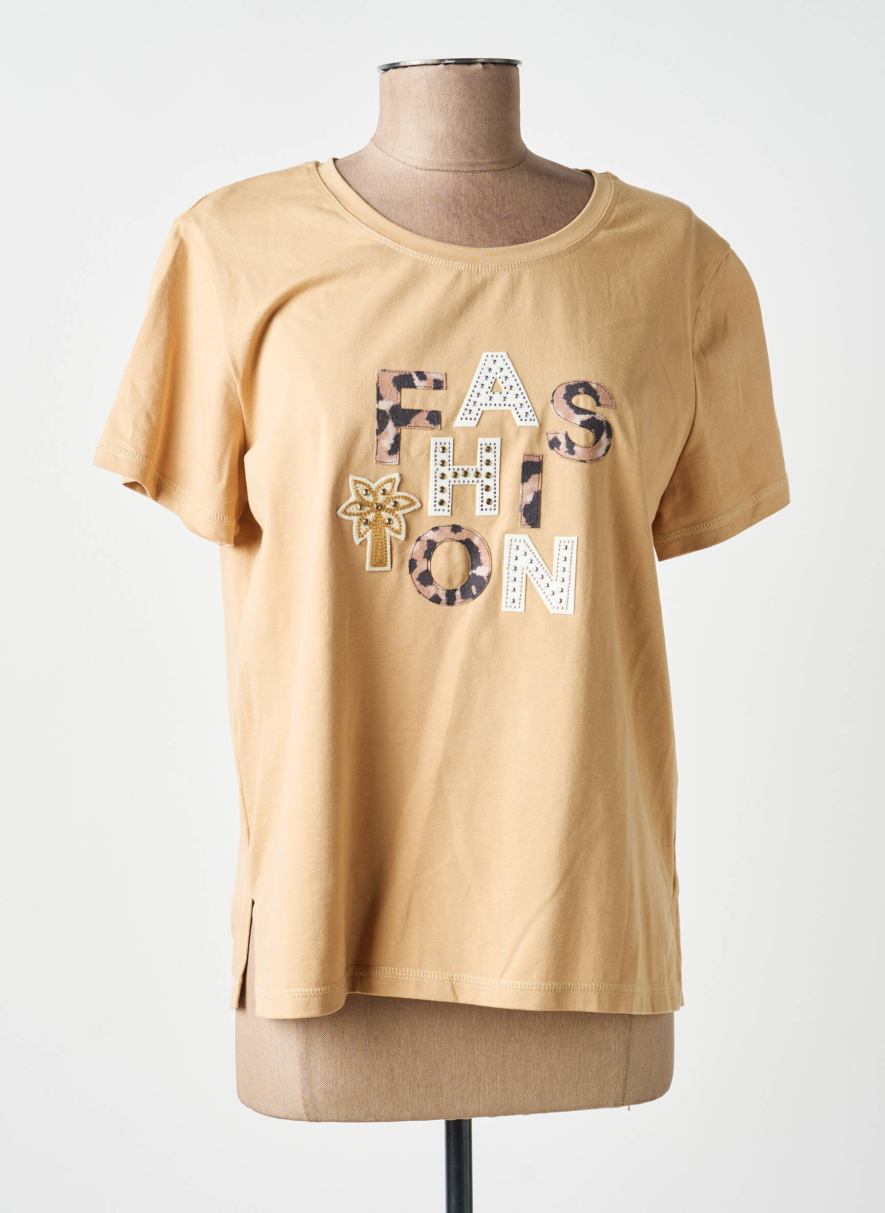 Tricou serigrafie cu strasuri mâneci scurte bej ANANKE femeie