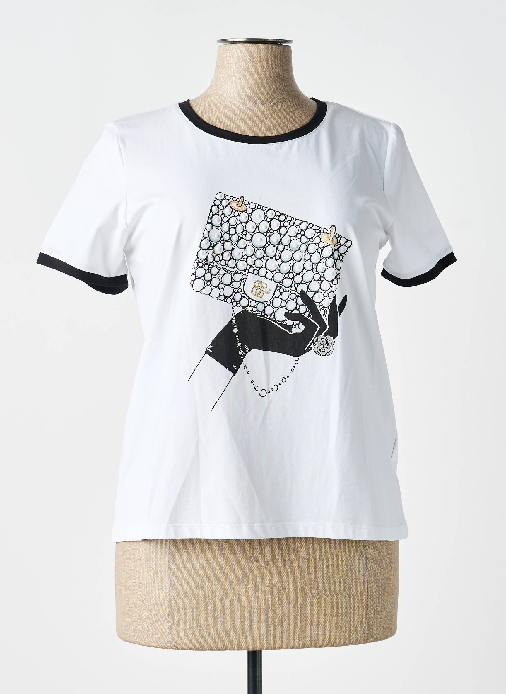 Tricou serigrafie cu strasuri mâneci scurte alb LEO & UGO femeie