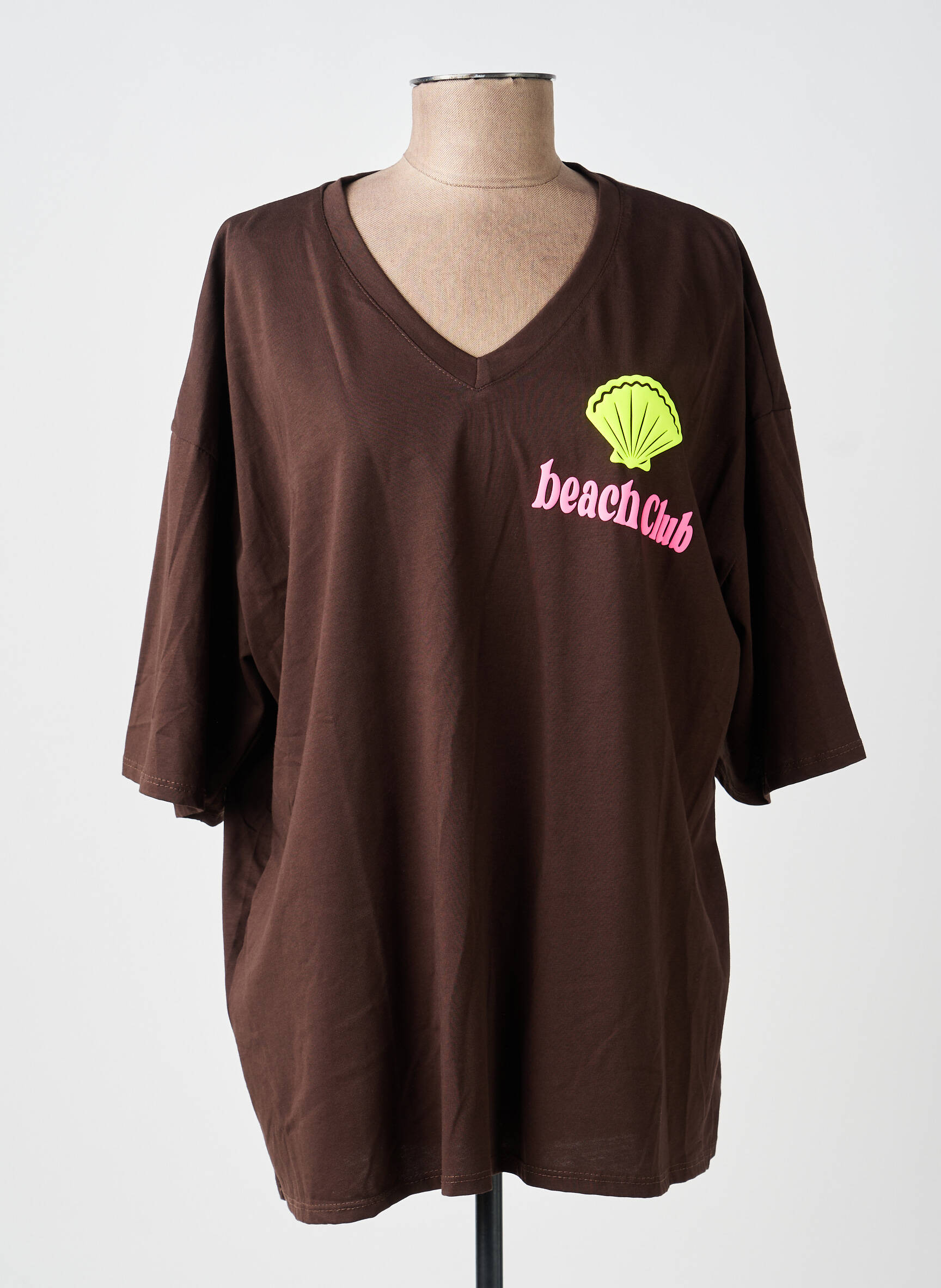 Tricou serigrafie flockată mâneci scurte maro AMY&CLO femeie