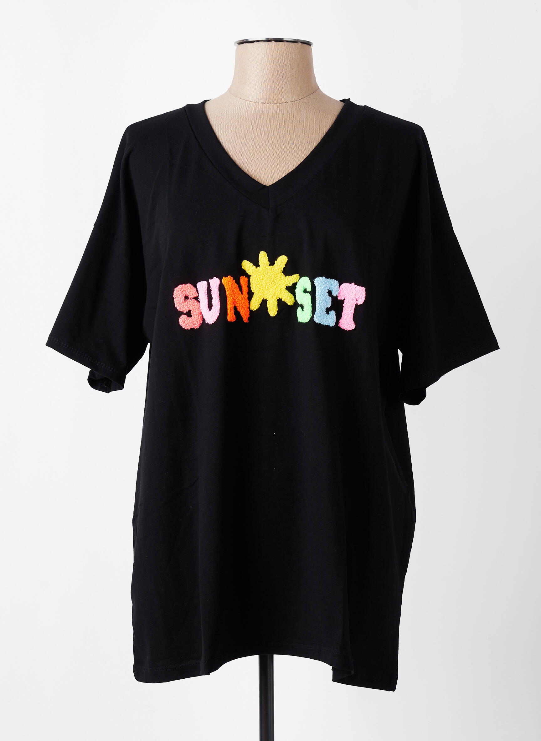 Tricou croială dreaptă mâneci scurte negru E&F femeie